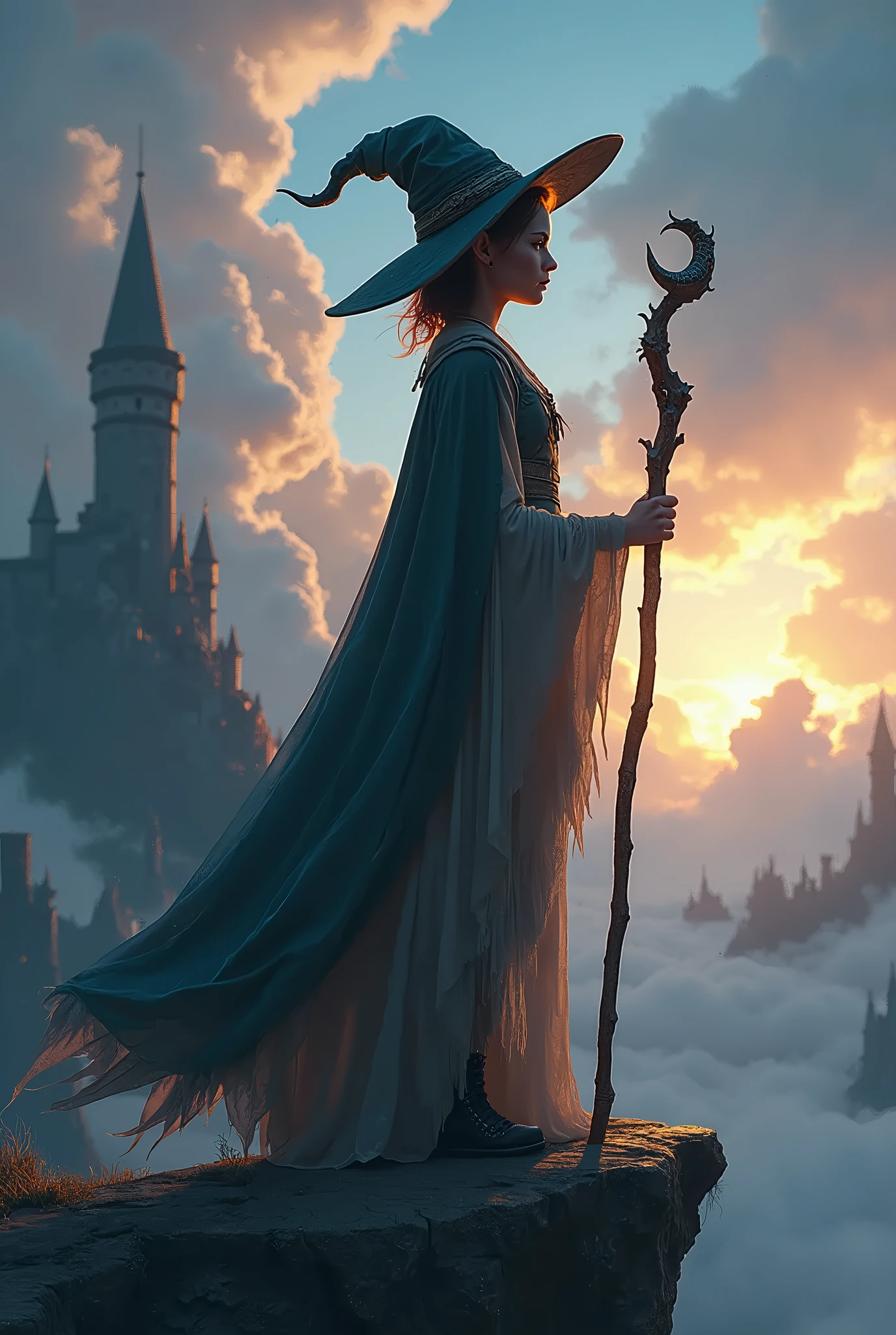 Sharp realistic and intricate cinematic rendering style illustration with a fragile, but powerful young witch sorceress standing on top of a cliff, holding a shining staff. Seu cabelo é curto na altura do pescoço com fringe baguncada, His clothes are worn and torn, They are a mix of a wizard&#39;s robes with Amazon and warrior armor., and she has a determined expression, but melancholy. Behind her rise colossal magical dragons, ruins of a destroyed kingdom with a darkness being softened by the magic of dragons and their magic, ruined castle in the distance. The sky is full of swirling clouds, with rays of magic illuminating the horizon.Art style should have vibrant realistic shading, with contrasting colors of deep blues, purple, and bright magical gold. The overall tone should be mysterious and epic., with magic dust and glitter, ultra sparkling vapors, 
 with a sense of the hidden power of the mystical sorceress mage.",
  
}high resolution, detail, HD model, Half moon earrings, bright pupils, EXPRESSIONS, Jewel, Sorcerer's hat, ray tracing, cinematic lighting, 3D Rendering, short hair, fringe, Brown hair, fringe entre os olhos, Best quality, anatomically correct, 