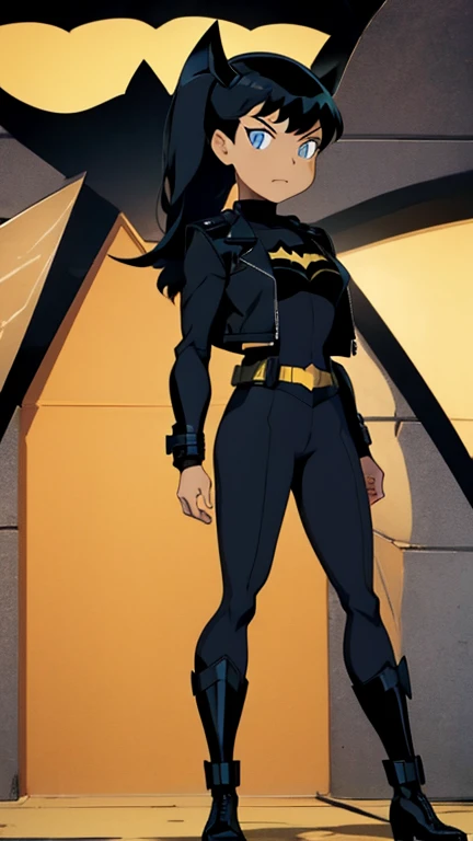 utility belt, combat boots, leather jacket, ponytail, black hair, blue eyes, batman style suit, pants, no cape, no symbol, cute teenage girl,