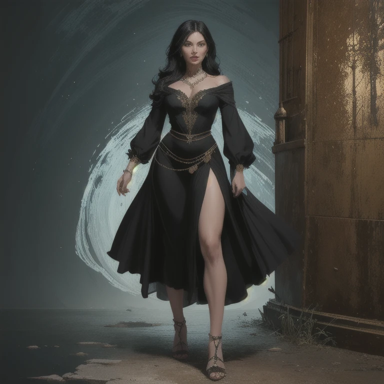 a beautiful young girl with long, flowing black hair in a gradient style, standing in a creative and imaginative setting, full body view, character reference sheet, (best quality,8k,highres,masterpiece:1.2),ultra-detailed,(realistic,photorealistic,photo-realistic:1.37),intricate details,highly detailed,studio lighting,vibrant colors,dramatic lighting,cinematic,concept art style,digital painting,dark fantasy,mystical,ethereal