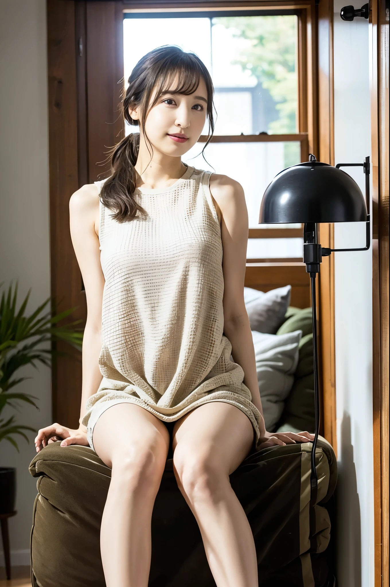 (((Sitting on a chair with legs spread)))、((living room))、((Shortcuts))、 (RAW Photos:1.2), (Realistic:1.4), Beautiful detailed girl, Beautiful and delicate eyes, Large file size, High resolution, Very detailed, Best Quality