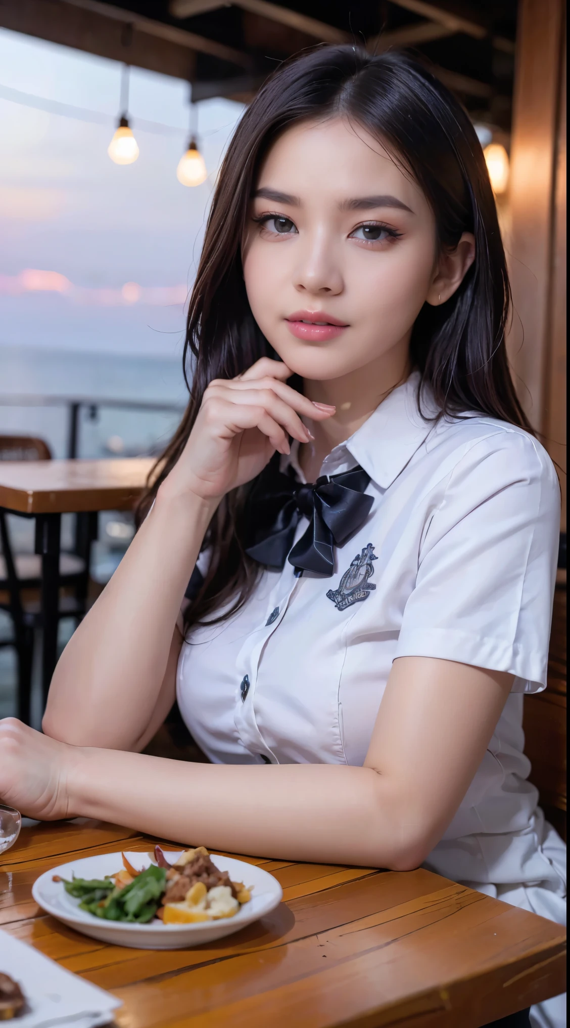 (8k, RAW photo, best quality, depth of field, ultra high res:1.2), (intricate, photorealistic, masterpiece, ultra-detailed), dynamic lighting, a woman in an outdoor restaurant overlooking the ocean, table has food and drinks, candles, vibrant colors, she is styling with aschool uniform, detailed expressive eyes, bright mood lighting,
