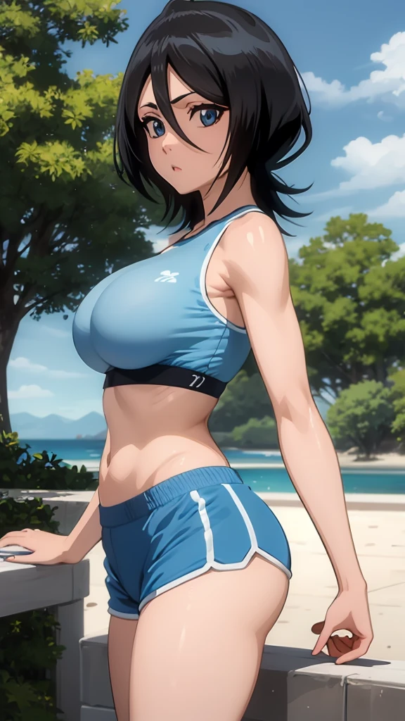 Tight blue dolphin shorts and a blue sports bra,1girl, High Resolution, Masterpiece, Best Quality, Large breasts, Large butt