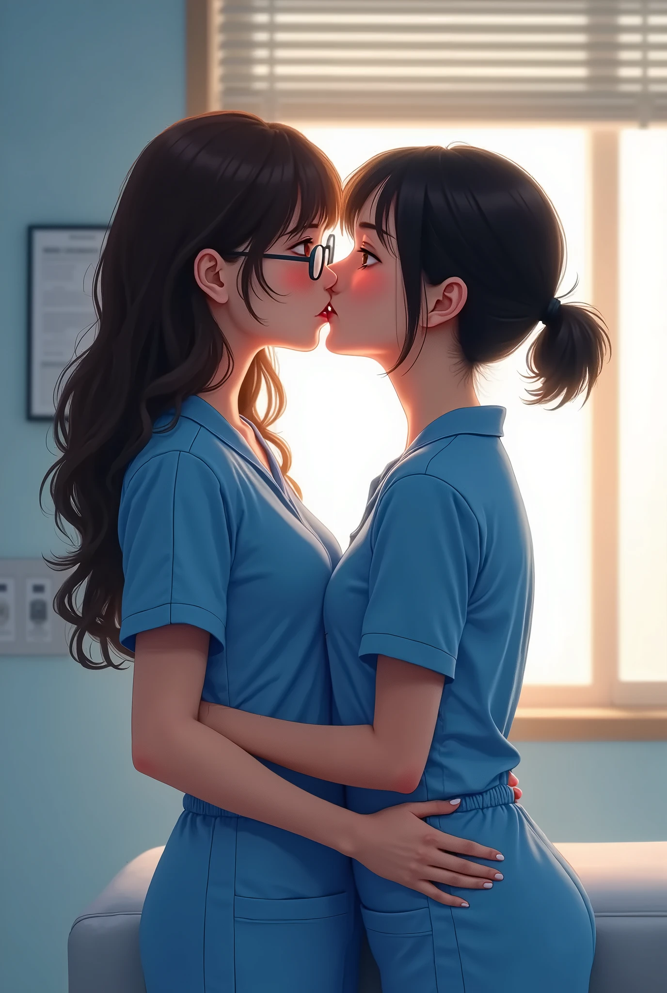 two thai girls, girls wearing high school uniforms, open shirts, ((lesbian kiss)), red lips, closed eyes, cheek bulge, excited, short ponytail, short hair, wet hair, (sweating:0.5), (sexual arousal:0.9), dutch angle, UHD, 8k, highres, best quality, masterpiece, anatomically correct, super detail