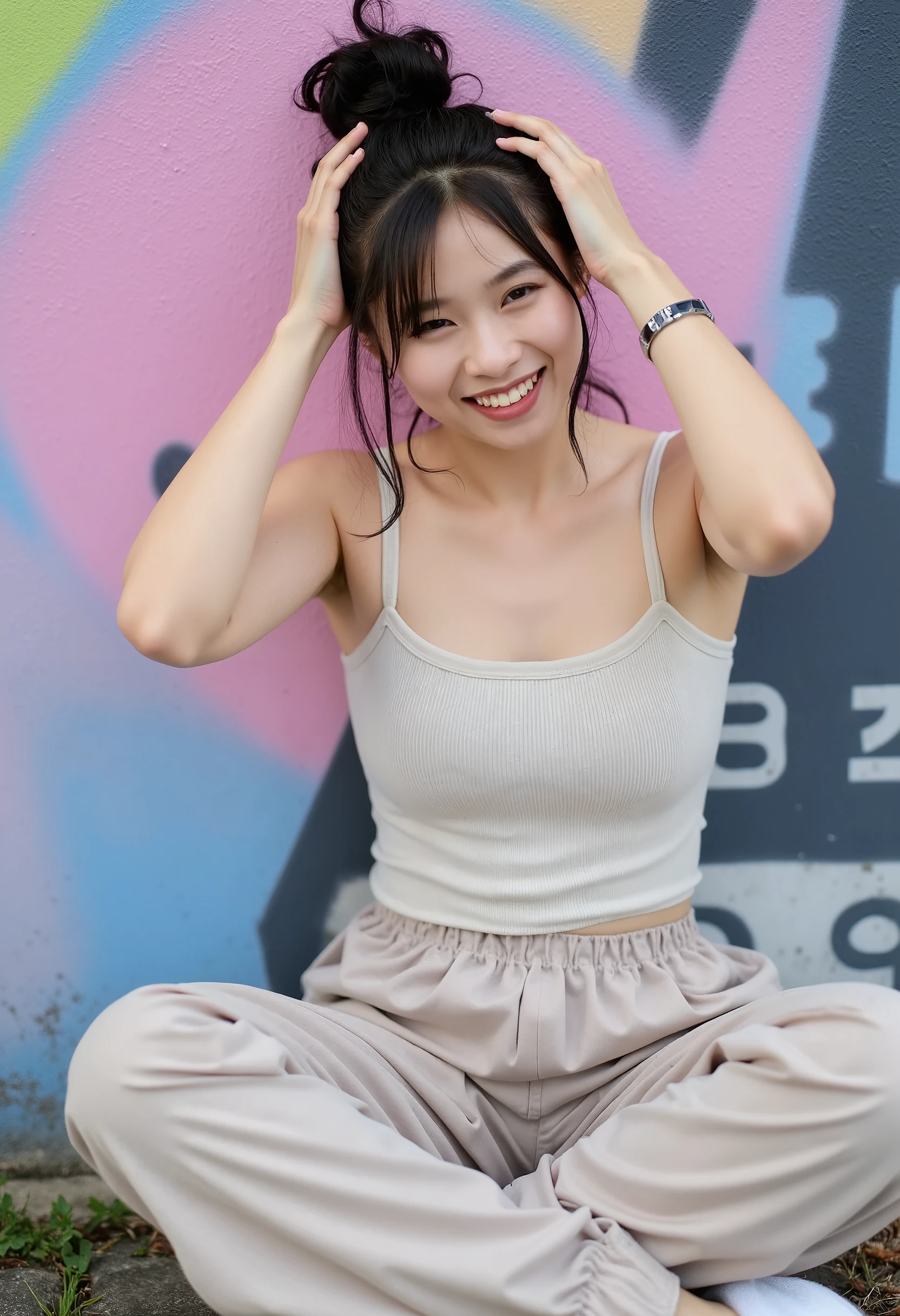 A Burmese woman sitting on a colorful mural background, laughing as she wears a casual tank top and palazzo pants, her hair in a messy bun, playfully posing with her hands in the air, betterpose.