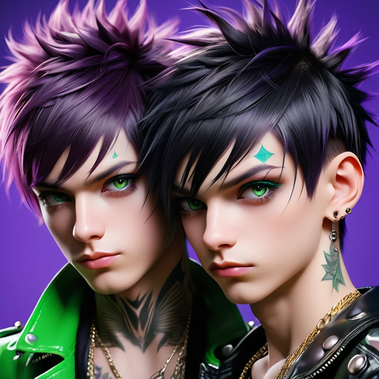 
Portrait of 2 cute Russian boys in the style of Alberto Seveso ,best quality, very detailed, photorealistic, Black hair, punk boys, school heartthrobs ! Detailed eyes, upper body, Luxurious Punk Hair, Avant-garde punk fashion, Avant-garde makeup, multiple piercings, Gold jewelry ,Heavily tattooed body, 3D Colored Tattoos, dragon tattoo on neck , abstract background, Backlight effect, shallow depth of field, purple background" Meticulous, analog style, Focus on the eyes, of the highest quality, very detailed skin, photo of a very handsome Russian punk, perfect cute face, skin pores, penetration , green background, hips , clear focus, grainy lighting, Backlight ,high film grain, сфотографирован камерой Sony A7R IV, 18мм F/1.7 cinema lenses, very detailed, detailed development, 8 thousand., HDR, front view, upper body .