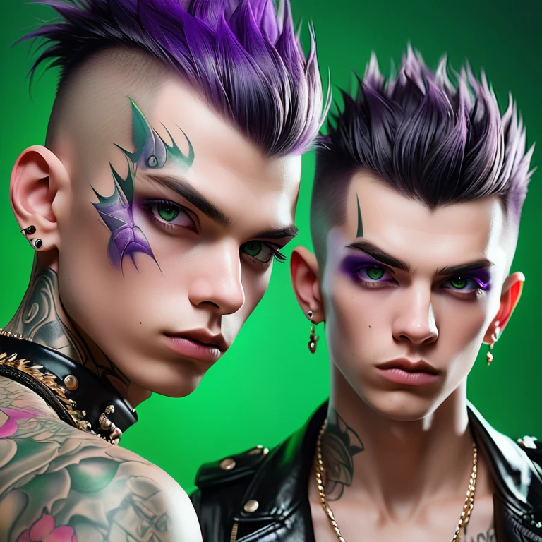 
Portrait of 2 cute Russian boys in the style of Alberto Seveso ,best quality, very detailed, photorealistic, Black hair, punk boys, school heartthrobs ! Detailed eyes, upper body, Luxurious Punk Hair, Avant-garde punk fashion, Avant-garde makeup, multiple piercings, Gold jewelry ,Heavily tattooed body, 3D Colored Tattoos, dragon tattoo on neck , abstract background, Backlight effect, shallow depth of field, purple background" Meticulous, analog style, Focus on the eyes, of the highest quality, very detailed skin, photo of a very handsome Russian punk, perfect cute face, skin pores, penetration , green background, hips , clear focus, grainy lighting, Backlight ,high film grain, сфотографирован камерой Sony A7R IV, 18мм F/1.7 cinema lenses, very detailed, detailed development, 8 thousand., HDR, front view, upper body .