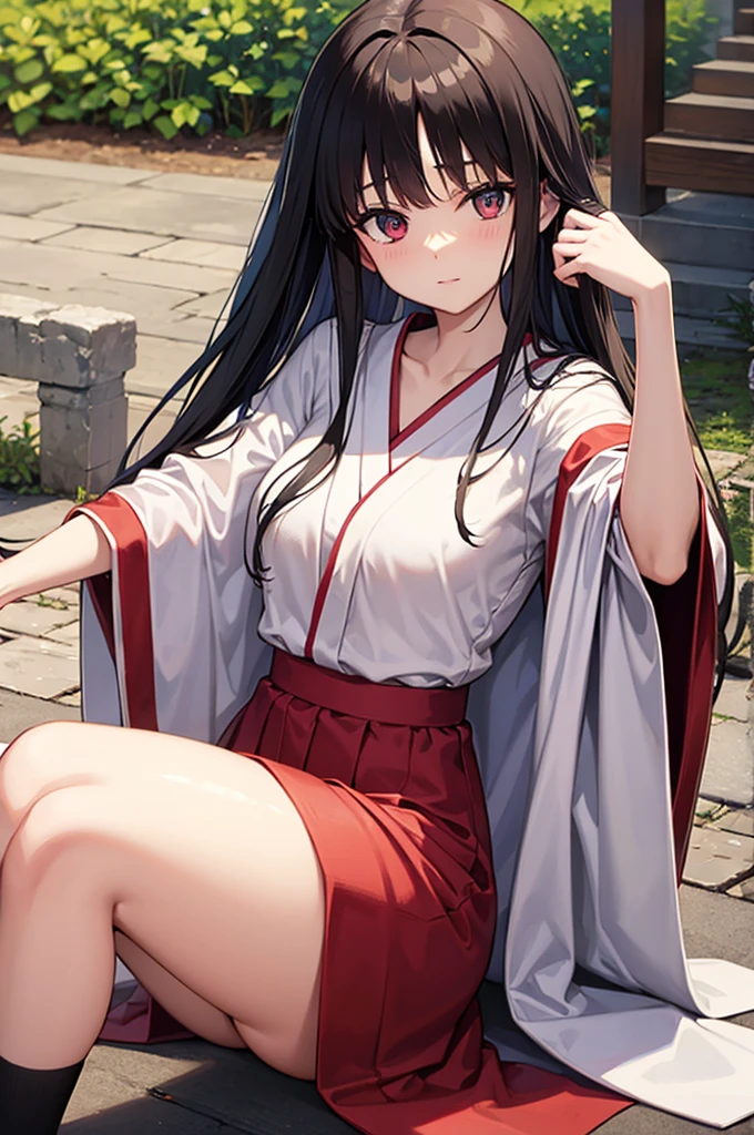 (little girl: 1.5), lace, ribbon, Hanfu, (masterpiece, side light, delicate and beautiful gray eyes: 1.2), masterpiece, realistic, glowing eyes, shiny hair, black hair, long hair, shiny skin, solo, awkward, tube top, delicate, beautiful, garden, flowers, fluttering petals,