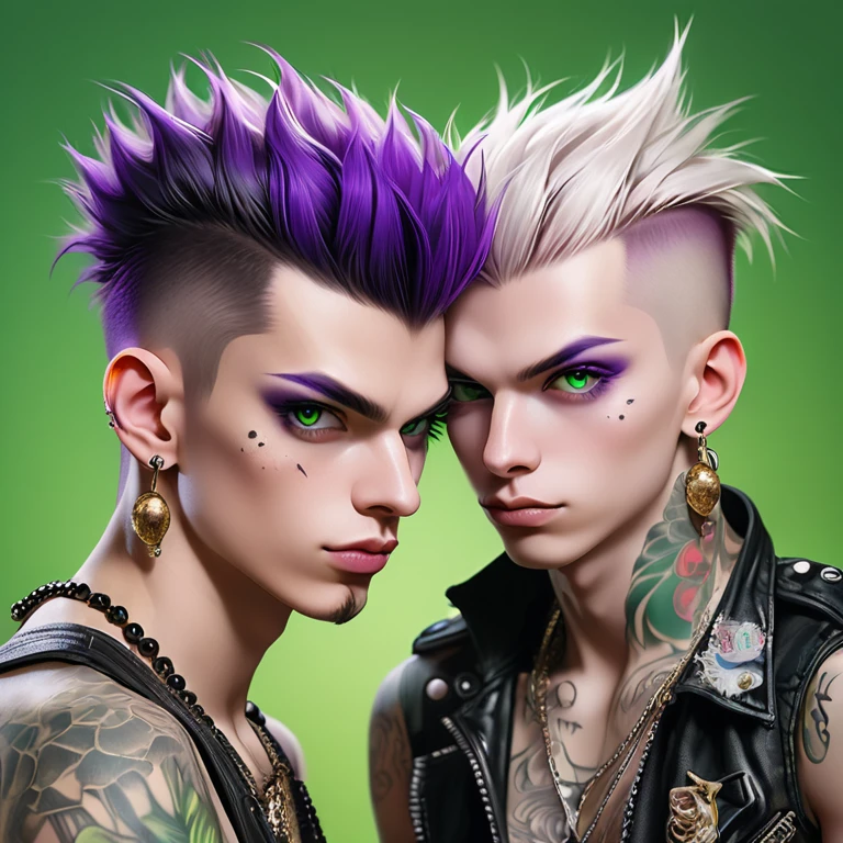 
Portrait of 2 cute Russian boys in the style of Alberto Seveso ,best quality, very detailed, photorealistic, Black hair, punk boys, school heartthrobs ! Detailed eyes, upper body, Luxurious Punk Hair, Avant-garde punk fashion, Avant-garde makeup, multiple piercings, Gold jewelry ,Heavily tattooed body, 3D Colored Tattoos, dragon tattoo on neck , abstract background, Backlight effect, shallow depth of field, purple background" Meticulous, analog style, Focus on the eyes, of the highest quality, very detailed skin, photo of a very handsome Russian punk, perfect cute face, skin pores, penetration , green background, hips , clear focus, grainy lighting, Backlight ,high film grain, сфотографирован камерой Sony A7R IV, 18мм F/1.7 cinema lenses, very detailed, detailed development, 8 thousand., HDR, front view, upper body .