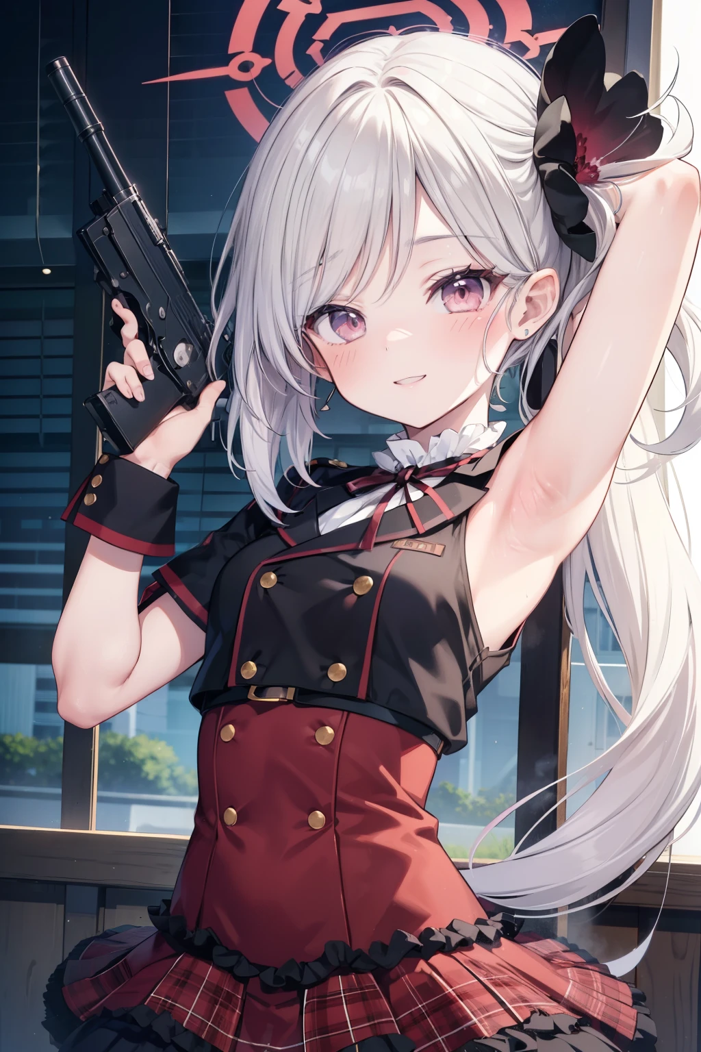 Asahi Mutsuki、Good looking girl (blush, Perfect Face), independent , Looking at the camera, masterpiece, Anime art style, Cute Characters, Most detailed, high quality、Nico Nico Smile、Show your armpits、Silver Hair、side ponytail、Small breasts、****ta、Combat Uniform、He has a gun