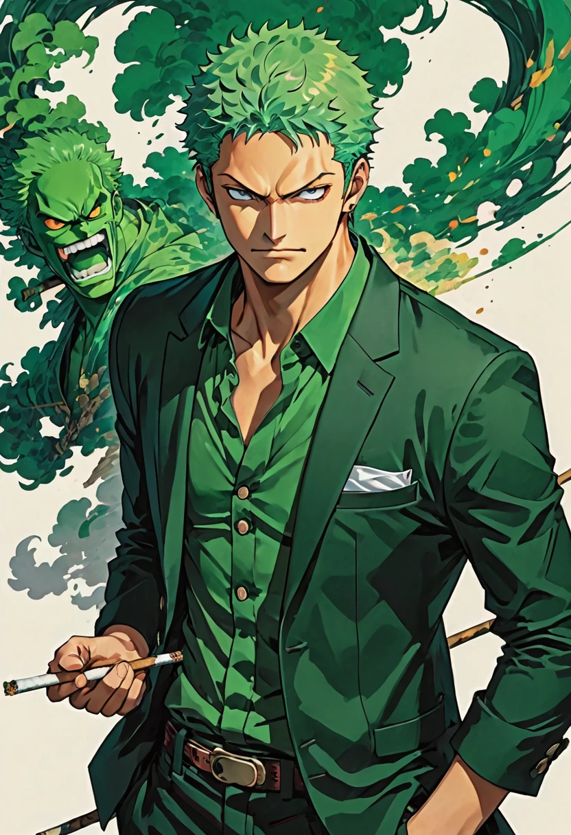 score_6_up, score_5_up,   score_9, score_8_up, score_7_up, Zoro, 1boy, solo, green hair, wearing a black blazer, paired with a green shirt, holding a cigarette in hand. looking at viewer. Incorporate bold colors, intricate details. The mood is sophisticated, with the characters exuding confidence and style.  with a simple outdoor background, dramatic lighting and shadow bouncing off the character. from above.