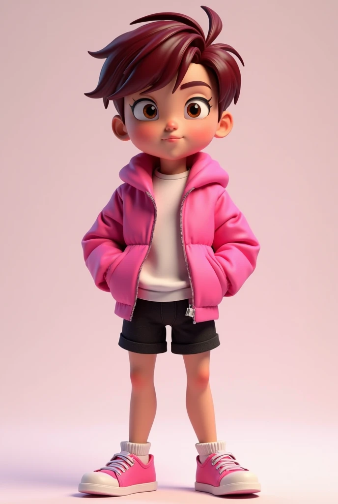 Create a 3D character (male) (the 3D will be the base of Marinette Dupain Cheng, from Miraculous Ladybug & Cat Noir) but with short, dark red hair, brown eyes, pink clothes and black, With a pink jacket and black short shorts, and very cute and gay