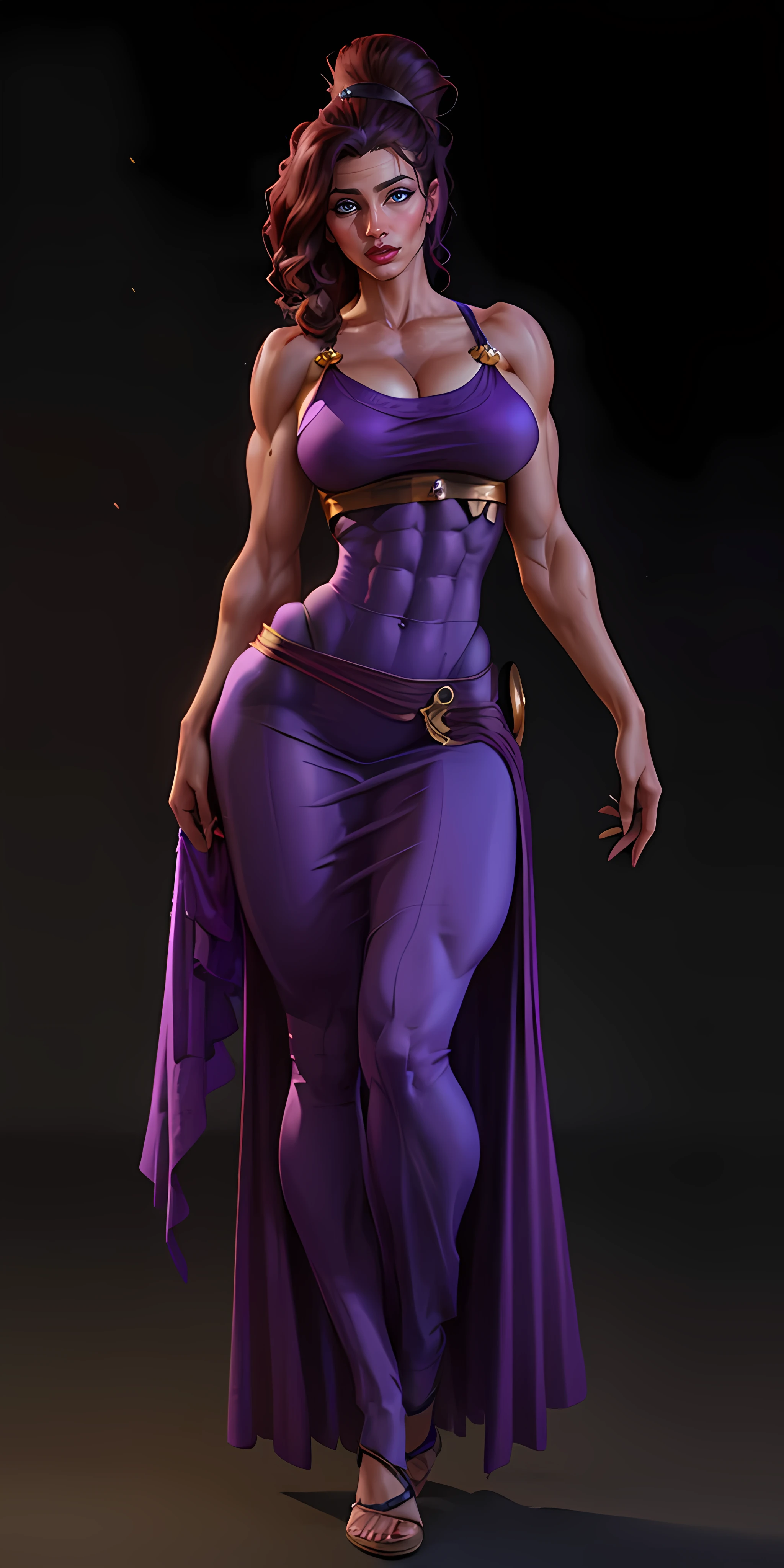 1girl, full body of beautiful megara, (((MASSIVE FEMALE BODYBUILDER))), ((((HUGE BREASTS)))), bare shoulders, long purple dress, looking at viewer, volumetric lighting, best quality, masterpiece, realistic  