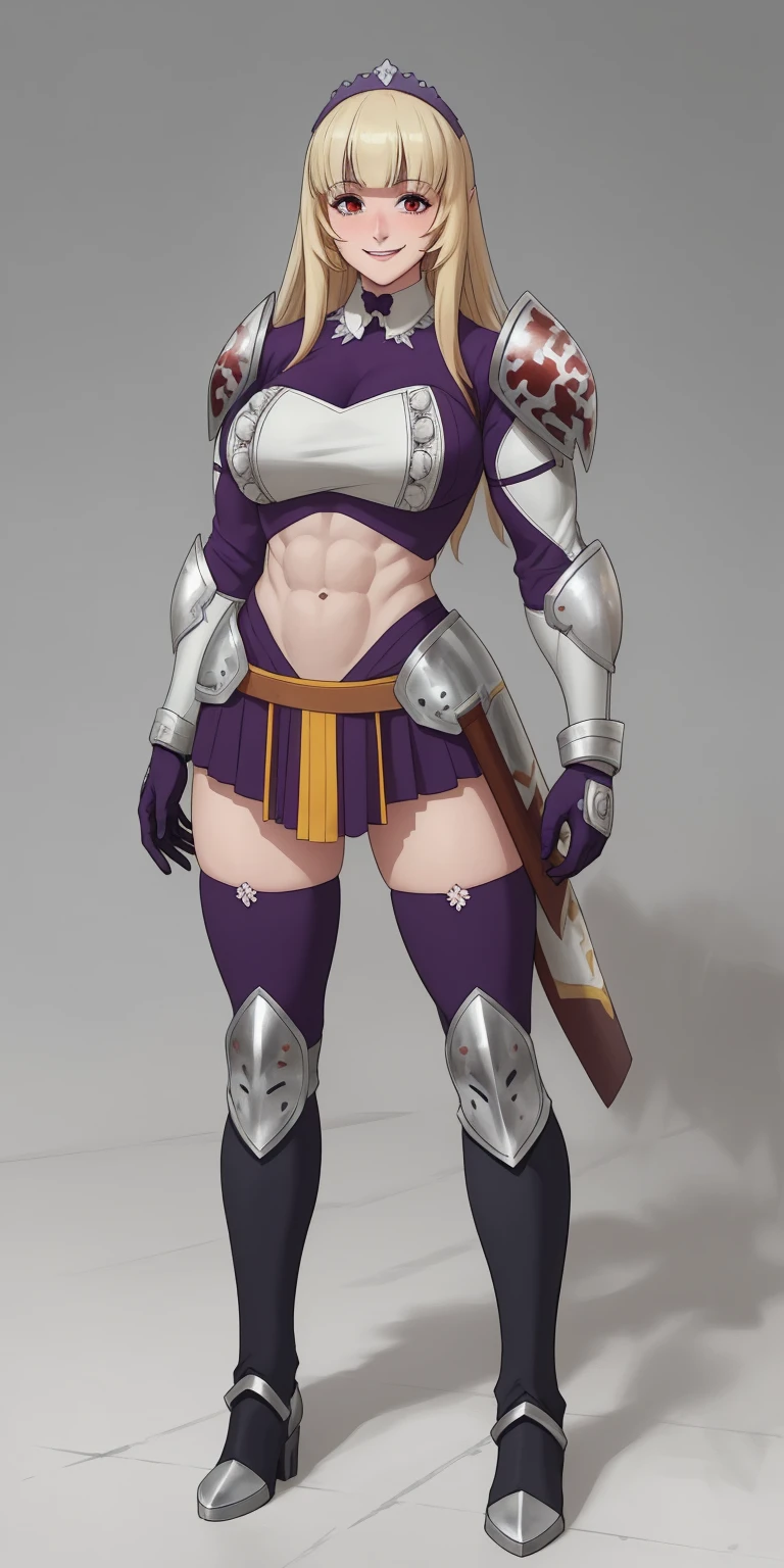 full body, Maria Fianna, RED breastplate, looking at viewer, shiny, armor, thighhighs, high boots,shoulder armor, faulds, poleyn, gloves, gauntlets, rerebrace armored boots, pauldrons,(masterpiece, best quality, ultra-detailed, best shadow) pointy ears, muscular lean, purple hair and red eyes, lustful smirking smile face red blushed, blush, strong abs, female body builder, tiara