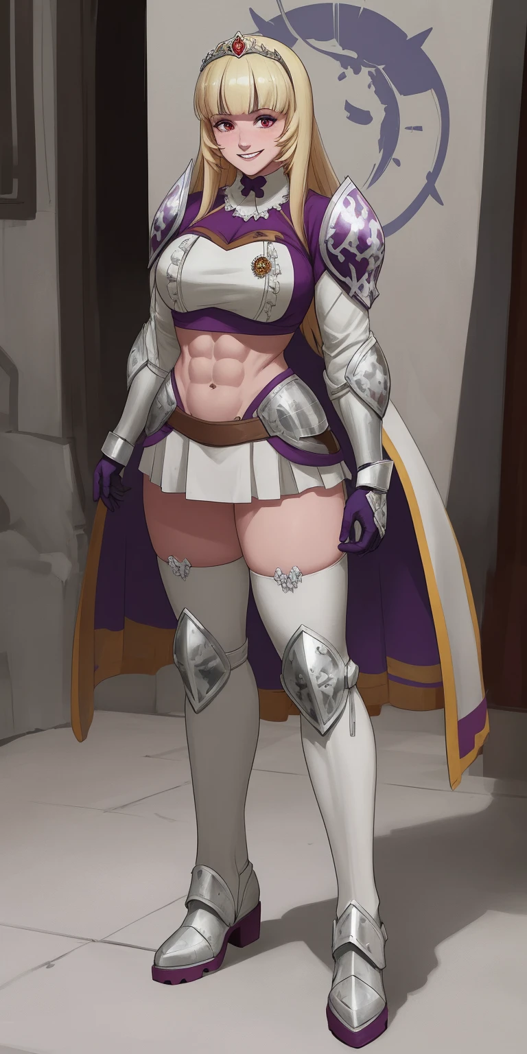 full body, Maria Fianna, RED breastplate, looking at viewer, shiny, armor, thighhighs, high boots,shoulder armor, faulds, poleyn, gloves, gauntlets, rerebrace armored boots, pauldrons,(masterpiece, best quality, ultra-detailed, best shadow) pointy ears, muscular lean, purple hair and red eyes, lustful smirking smile face red blushed, blush, strong abs, female body builder, tiara