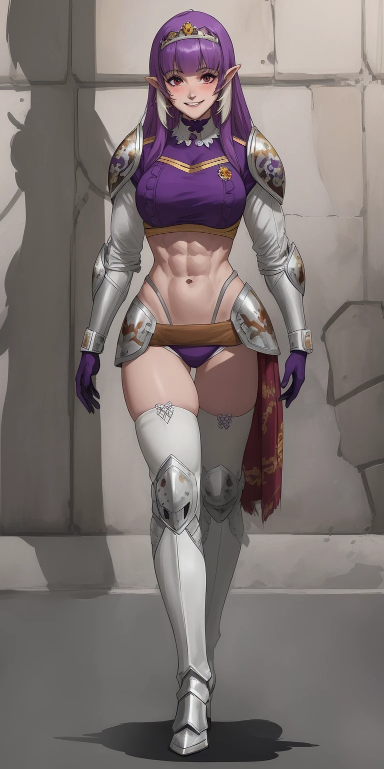 full body, Maria Fianna, RED breastplate, looking at viewer, shiny, armor, thighhighs, high boots,shoulder armor, faulds, poleyn, gloves, gauntlets, rerebrace armored boots, pauldrons,(masterpiece, best quality, ultra-detailed, best shadow) pointy ears, muscular lean, purple hair and red eyes, lustful smirking smile face red blushed, blush, strong abs, female body builder, tiara