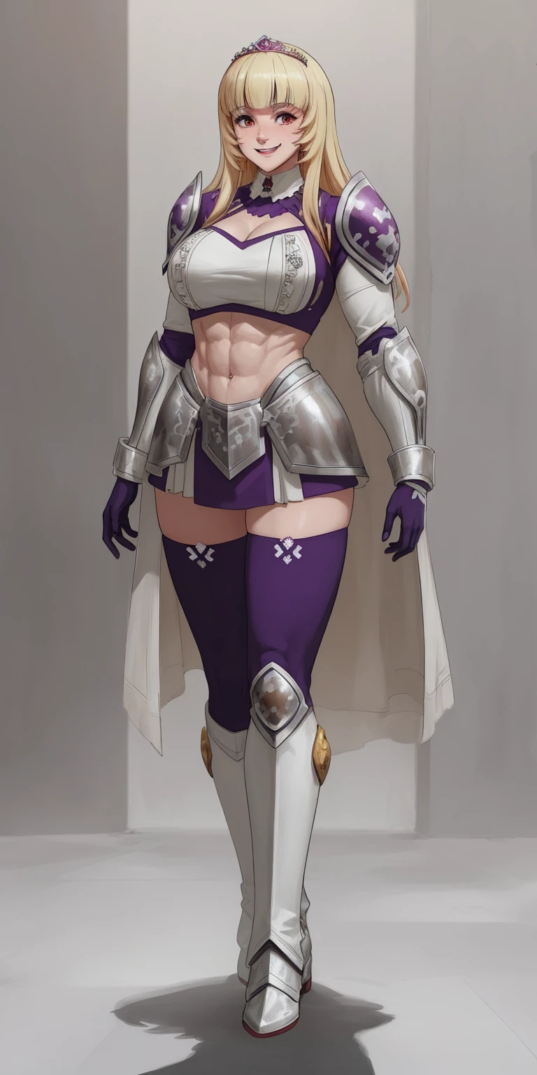 full body, Maria Fianna, RED breastplate, looking at viewer, shiny, armor, thighhighs, high boots,shoulder armor, faulds, poleyn, gloves, gauntlets, rerebrace armored boots, pauldrons,(masterpiece, best quality, ultra-detailed, best shadow) pointy ears, muscular lean, purple hair and red eyes, lustful smirking smile face red blushed, blush, strong abs, female body builder, tiara