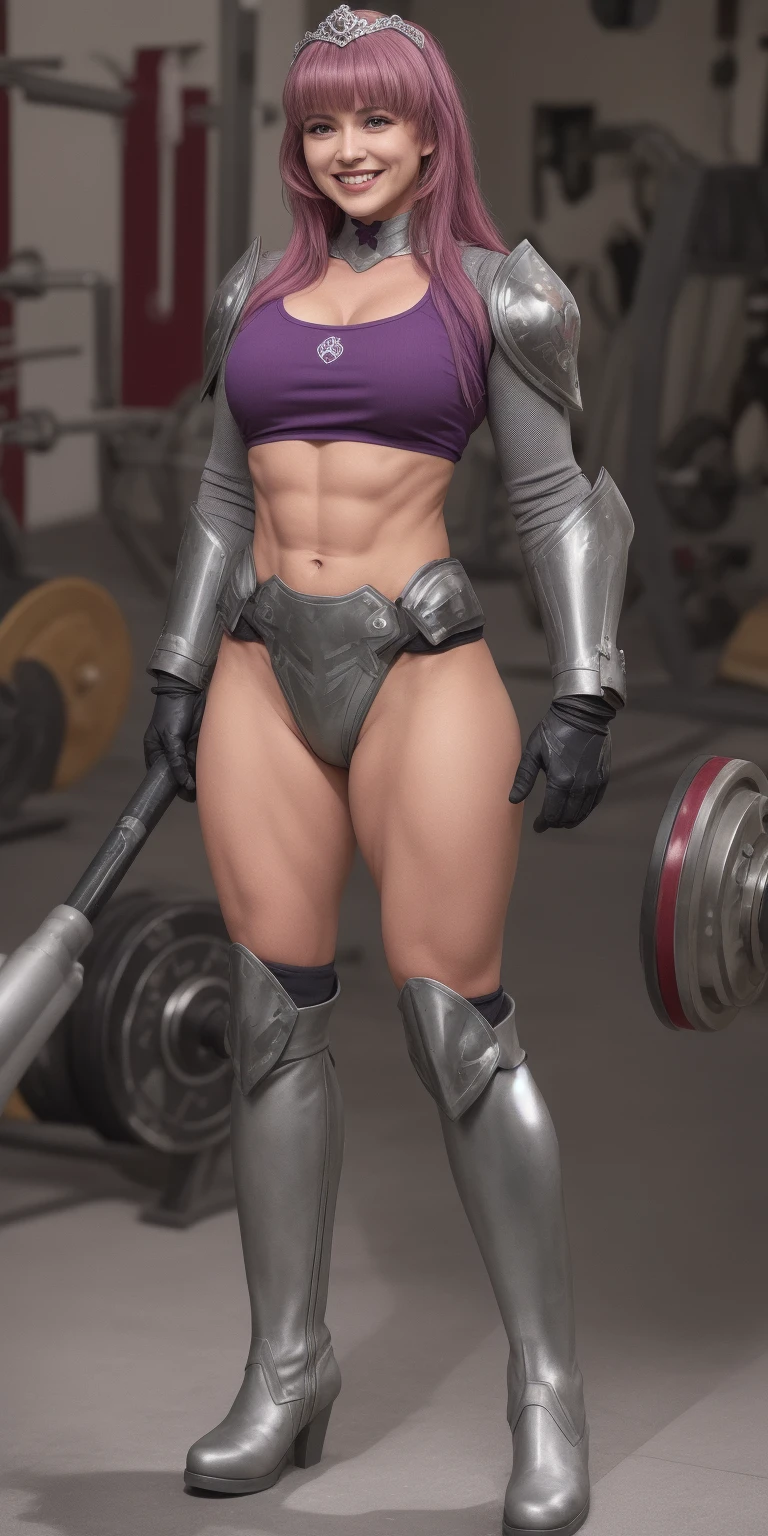 full body, Maria Fianna, RED breastplate, looking at viewer, shiny, armor, thighhighs, high boots,shoulder armor, faulds, poleyn, gloves, gauntlets, rerebrace armored boots, pauldrons,(masterpiece, best quality, ultra-detailed, best shadow) pointy ears, muscular lean, purple hair and red eyes, lustful smirking smile face red blushed, blush, strong abs, female body builder, tiara