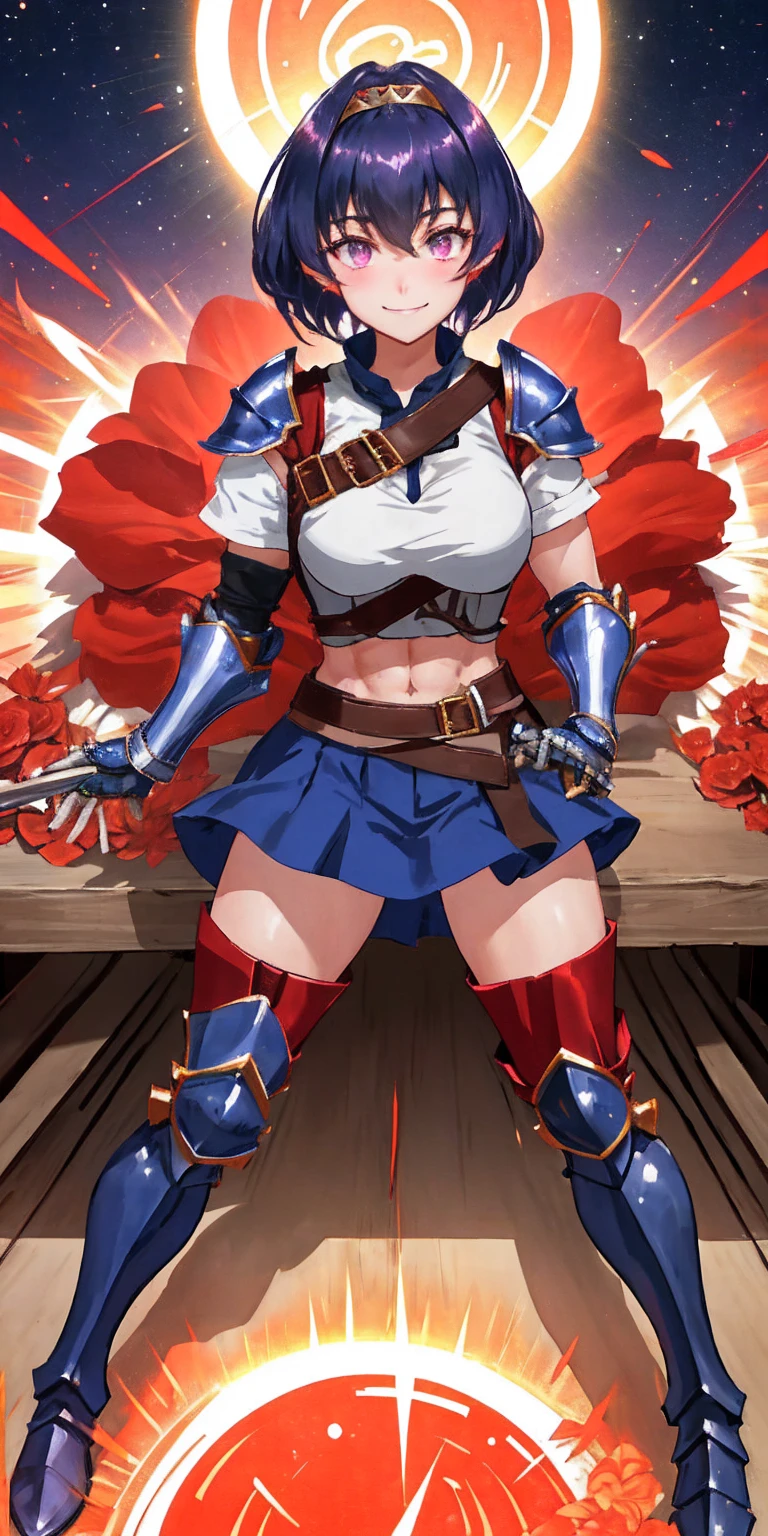 full body, Miria, RED breastplate, looking at viewer, shiny, armor, thighhighs, high boots,shoulder armor, faulds, poleyn, gloves, gauntlets, rerebrace armored boots, pauldrons,(masterpiece, best quality, ultra-detailed, best shadow) pointy ears, muscular lean, purple hair and red eyes, lustful smirking smile face red blushed, blush, strong abs, female body builder, tiara