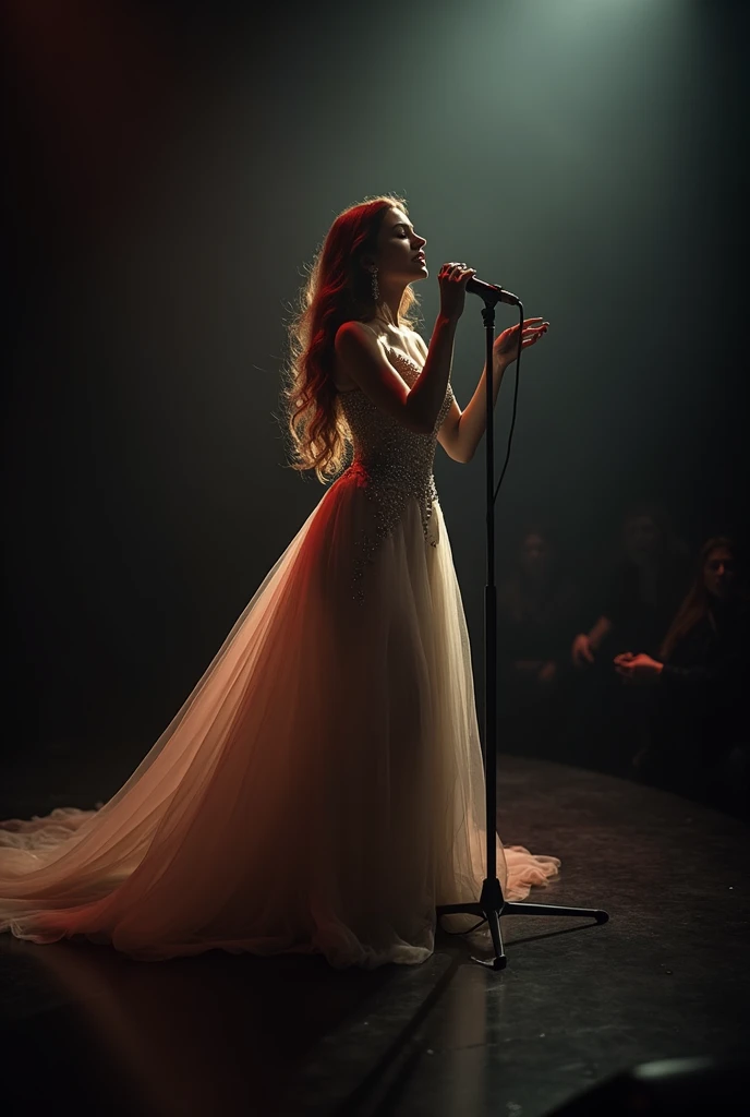 ((best quality)), ((masterpiece)), (detailed), A woman wearing a fluttering red dress on stage, holding a stand microphone and singing