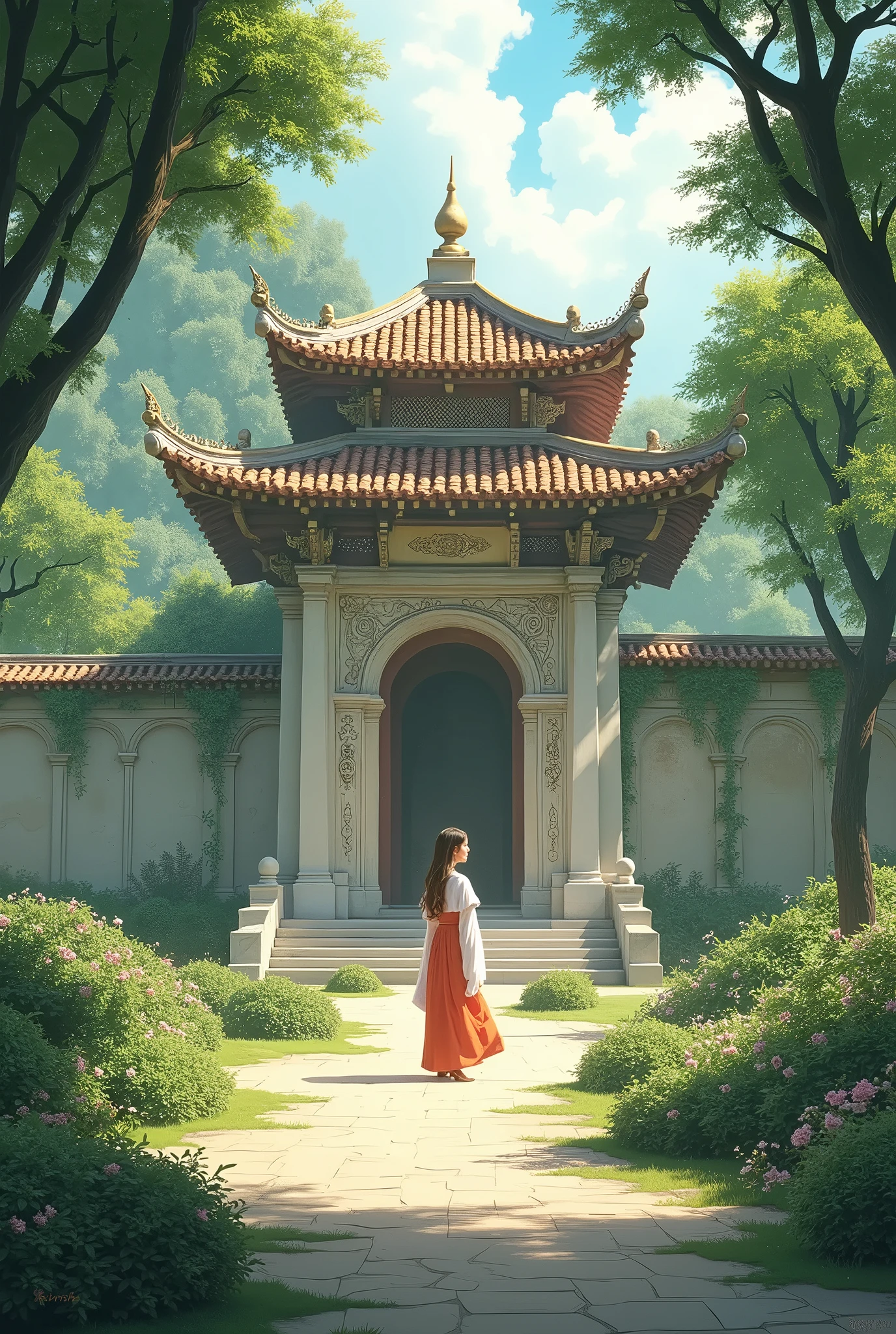 Late afternoon，A girl in red-dressed costume stopped by a large tree。Sunlight pours overhead，In the distance, palaces and mountains are illuminated，The ground is white jade steps, and the sky is a faint gold。It is a quiet and peaceful scene，golden theme
 。（Realism，Masterpiece quality，best qualtiy），