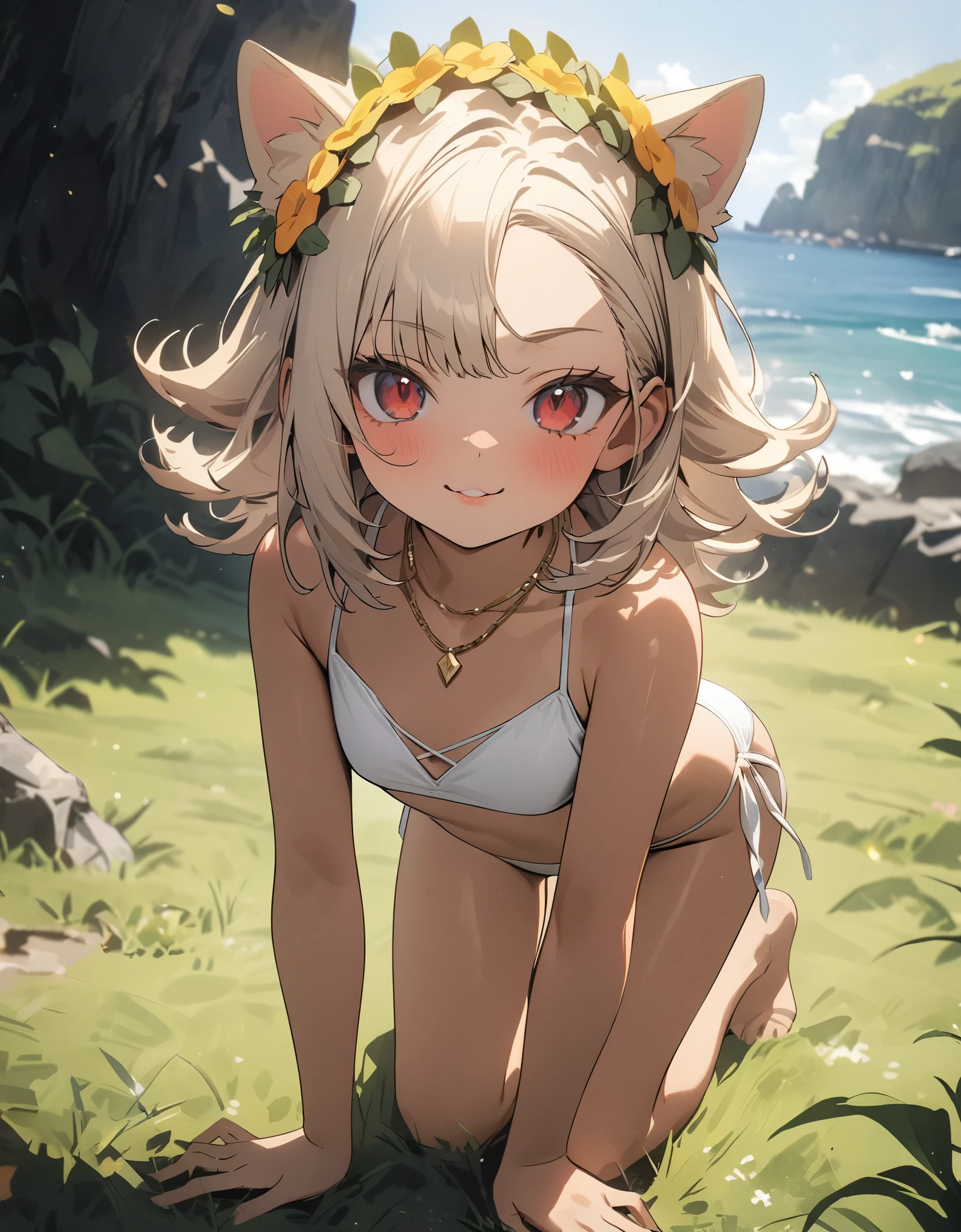 blushes， out door， During the Day， background simple， bluesky， Rippled hair， looks at the viewer，Lori， The expression is cute，Small short legs，avatar，High-quality underwear，Shying，solo，1girls，Q version，naked shoulders，Belly button，bra，