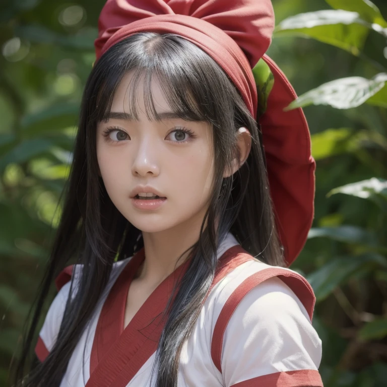 nakorurums, red bow, bow, red hairband, hairband, hair fringe, long hair, ainu clothes, fingerless gloves, short sleeves, kunoichi, katana zero video game character, amaterasu, skin pores texture, cute, wrinkled skin, sharp, , (Asian girl:1.2), (Realistic hair:1.2), (realistic eyes:1.2), (Beauty face:1.3), (detailed face and eyes):1.2, (freckles:0.5), perfect body, perfect hands, perfect face, perfect eyes, Best quality, ultra highres, (realistic, photo-realistic:1.33), (8k, RAW photo, best quality, masterpiece:1.2), wide shot, 135mm, Canon, UHD, textured skin, super detail, high details, high quality, best quality, highres, 16k, ((Open your mouth:1.3))