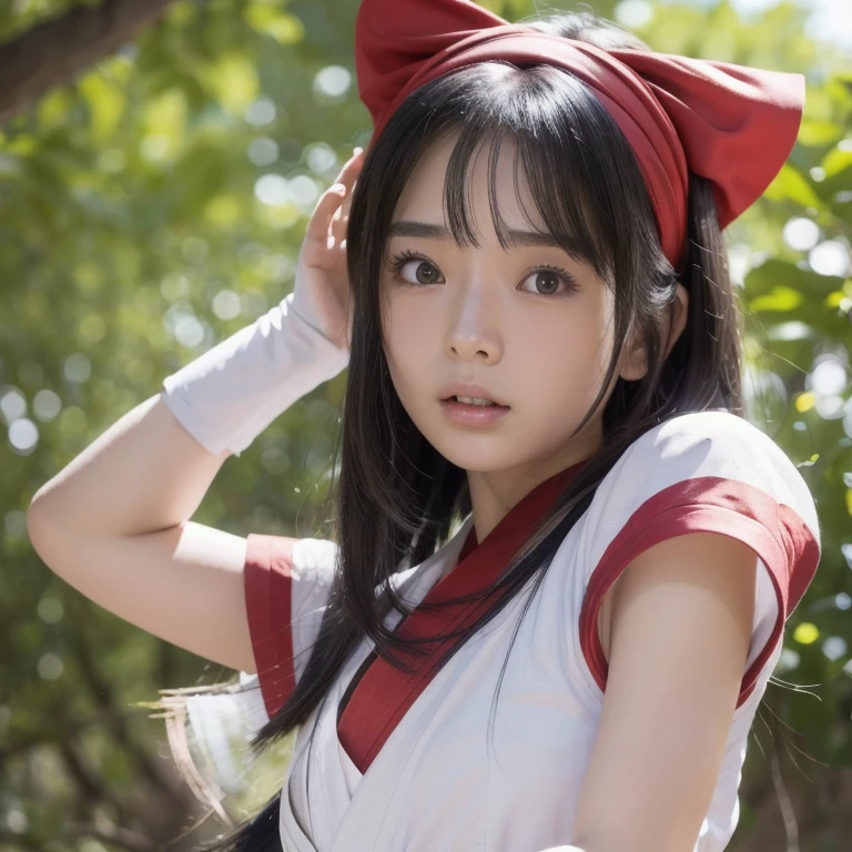 nakorurums, red bow, bow, red hairband, hairband, hair fringe, long hair, ainu clothes, fingerless gloves, short sleeves, kunoichi, katana zero video game character, amaterasu, skin pores texture, cute, wrinkled skin, sharp, , (Asian girl:1.2), (Realistic hair:1.2), (realistic eyes:1.2), (Beauty face:1.3), (detailed face and eyes):1.2, (freckles:0.5), perfect body, perfect hands, perfect face, perfect eyes, Best quality, ultra highres, (realistic, photo-realistic:1.33), (8k, RAW photo, best quality, masterpiece:1.2), wide shot, 135mm, Canon, UHD, textured skin, super detail, high details, high quality, best quality, highres, 16k, ((Open your mouth:1.3))