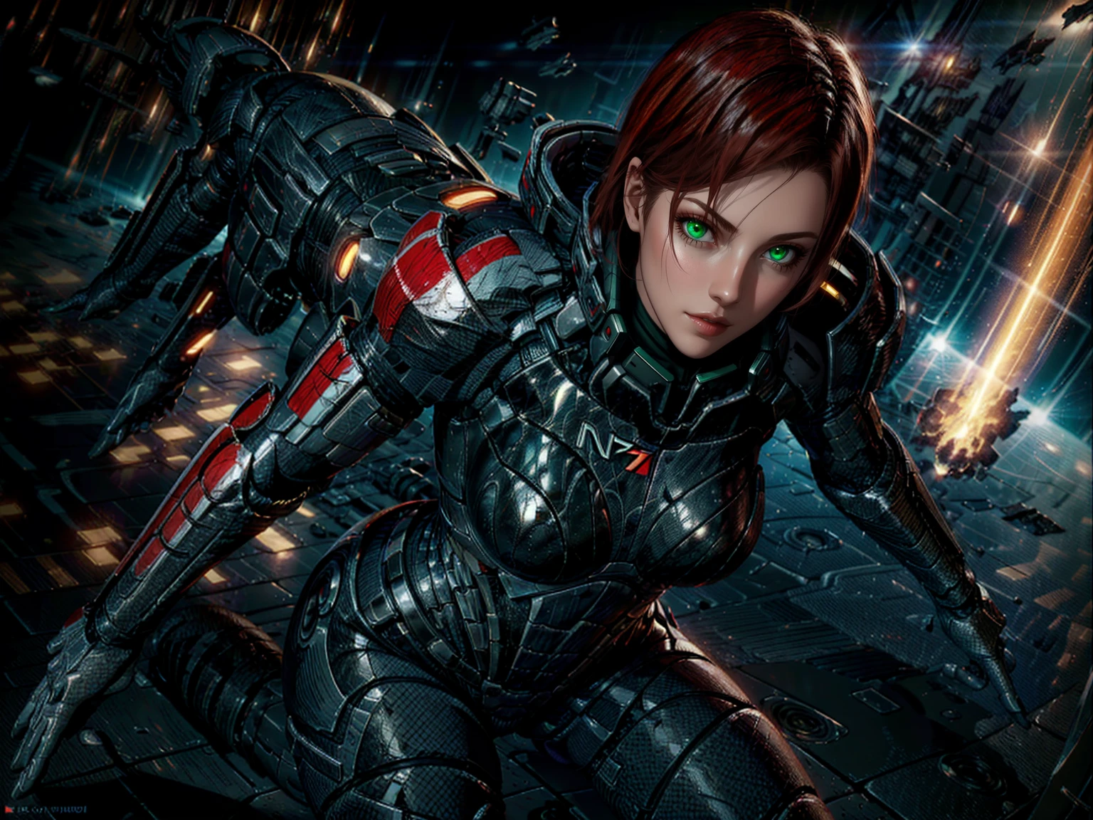 Solo, Jane Shepard, a woman with crimson red hair, wearing damaged N7 armor, punching a Reaper dreadnought ship in space, hand-to-hand combat against a spaceship, MEFShepard, omniblade, hyper detailed, 8k, photorealistic, intricate details, cinematic lighting, dramatic atmosphere, dynamic action pose, powerful expression, volumetric lighting, cinematic camera angle, vibrant colors, seamless integration, flawless rendering