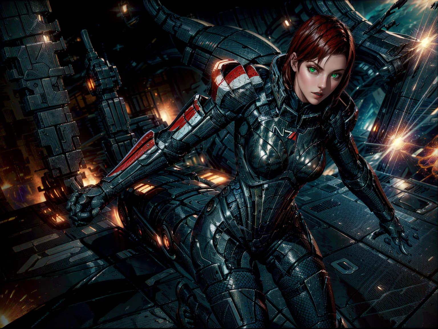 Solo, Jane Shepard, a woman with crimson red hair, wearing damaged N7 armor, punching a Reaper dreadnought ship in space, hand-to-hand combat against a spaceship, MEFShepard, omniblade, hyper detailed, 8k, photorealistic, intricate details, cinematic lighting, dramatic atmosphere, dynamic action pose, powerful expression, volumetric lighting, cinematic camera angle, vibrant colors, seamless integration, flawless rendering