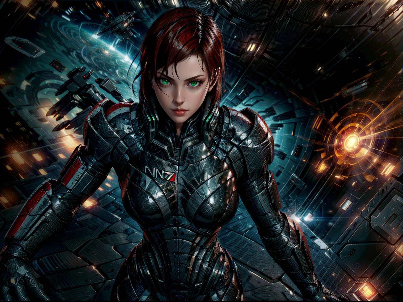 Solo, Jane Shepard, a woman with crimson red hair, wearing damaged N7 armor, punching a Reaper dreadnought ship in space, hand-to-hand combat against a spaceship, MEFShepard, omniblade, hyper detailed, 8k, photorealistic, intricate details, cinematic lighting, dramatic atmosphere, dynamic action pose, powerful expression, volumetric lighting, cinematic camera angle, vibrant colors, seamless integration, flawless rendering