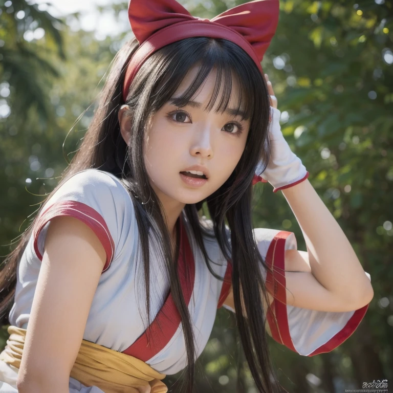 nakorurums, red bow, bow, red hairband, hairband, hair fringe, long hair, ainu clothes, fingerless gloves, short sleeves, kunoichi, katana zero video game character, amaterasu, skin pores texture, cute, wrinkled skin, sharp, , (Asian girl:1.2), (Realistic hair:1.2), (realistic eyes:1.2), (Beauty face:1.3), (detailed face and eyes):1.2, (freckles:0.5), perfect body, perfect hands, perfect face, perfect eyes, Best quality, ultra highres, (realistic, photo-realistic:1.33), (8k, RAW photo, best quality, masterpiece:1.2), wide shot, 135mm, Canon, UHD, textured skin, super detail, high details, high quality, best quality, highres, 16k, (((Open your mouth:1.3)))