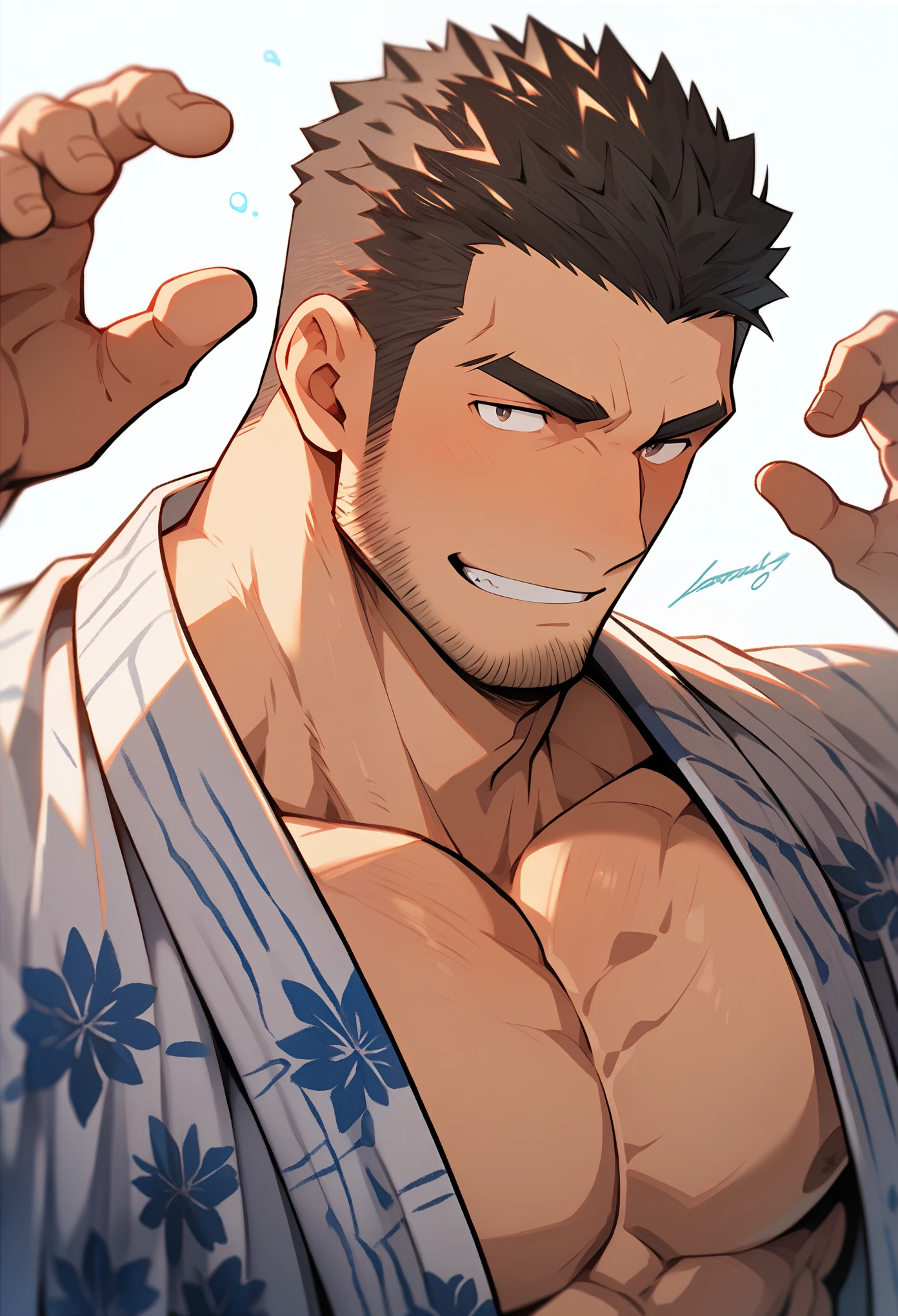 Anime character: Priapus, muscular man in his 30s, shaved head, masculinity, male focus, yukata, full and firm chest muscles, muscular man, muscular, short black hair, thick eyebrows, stubble, skin showing