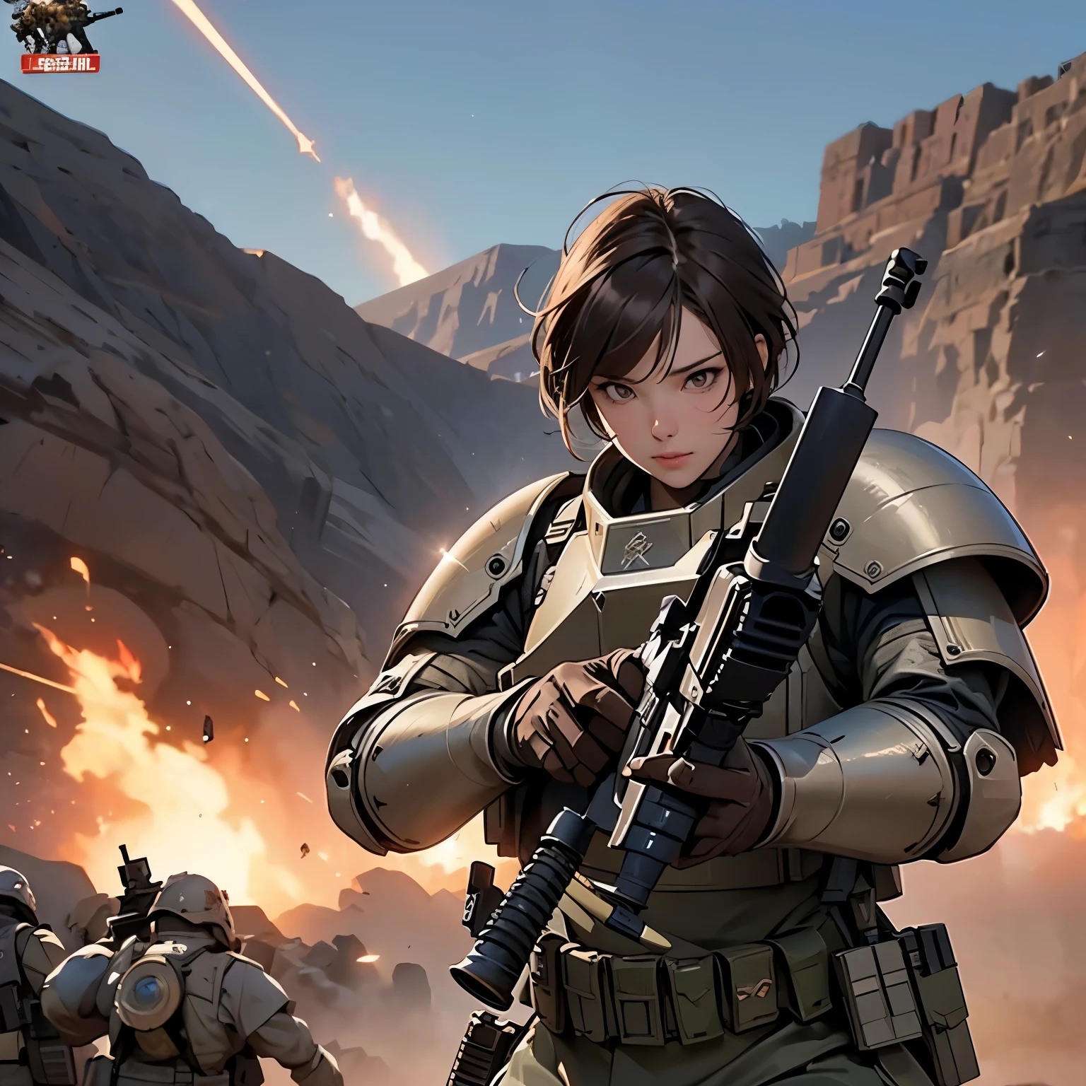 nsfw, anime screencap, 16K, perfect anatomy proportion body, perfect hands, action, A dynamic composition with a sense of speed and movement, (Hold an assault rifle:1.6), a wife, 40age, perfect beautiful delicate sexy face, perfect beautiful delicate eyes, brown hair, short bob hair, gigantic tits, abs, Steel steam engine heavy armored full armor powered suit, Many heavily armored robot soldiers are engaged in a firefight in the background., Flying bullets, Desert Battlefield, war, Post-apocalyptic,