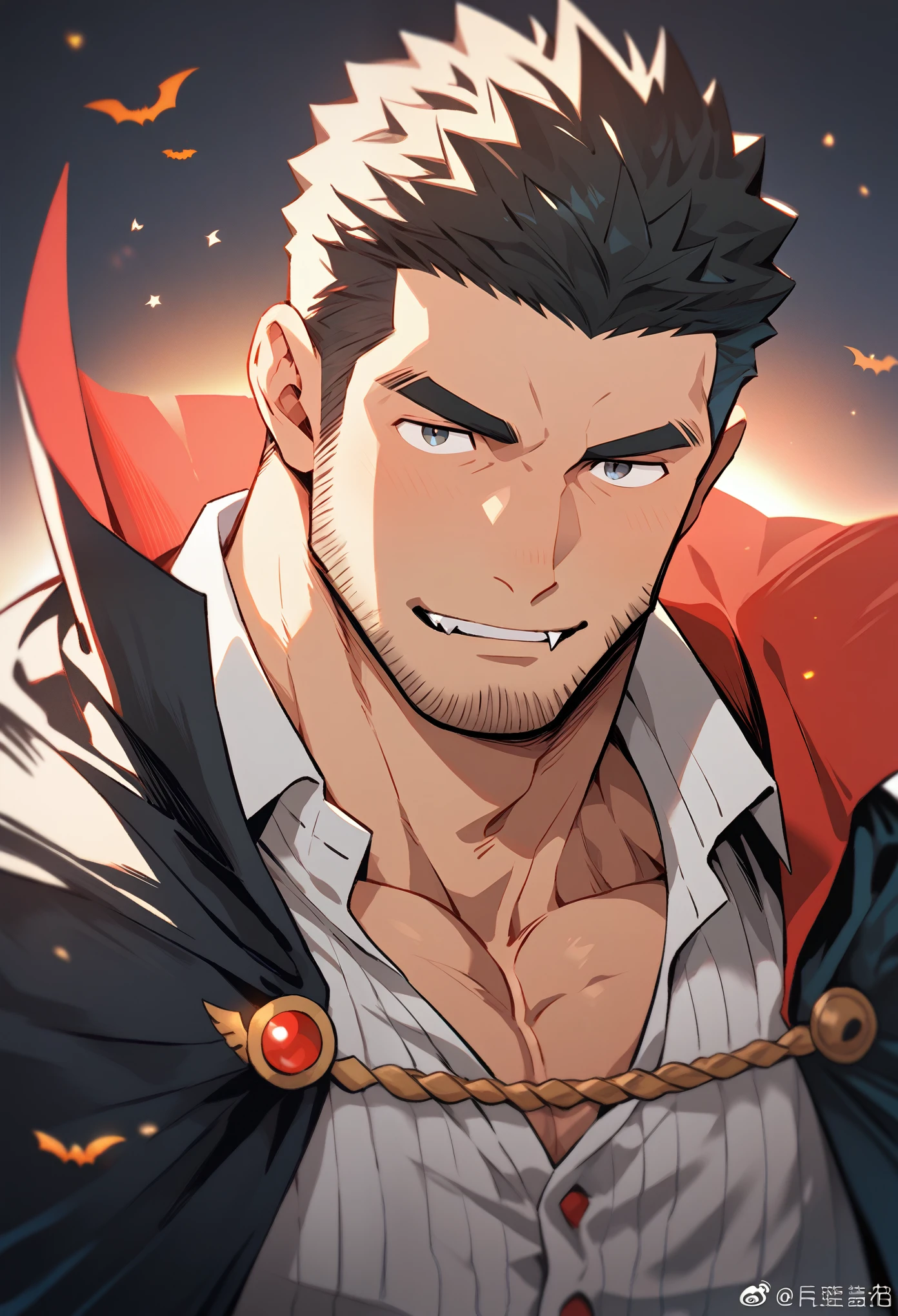 Anime character: Priapus, muscular 30-something man, masculinity, male focus, Halloween, vampire cosplay, full and firm chest muscles, muscular male, muscular build, black short hair, thick eyebrows, stubble, skin showing