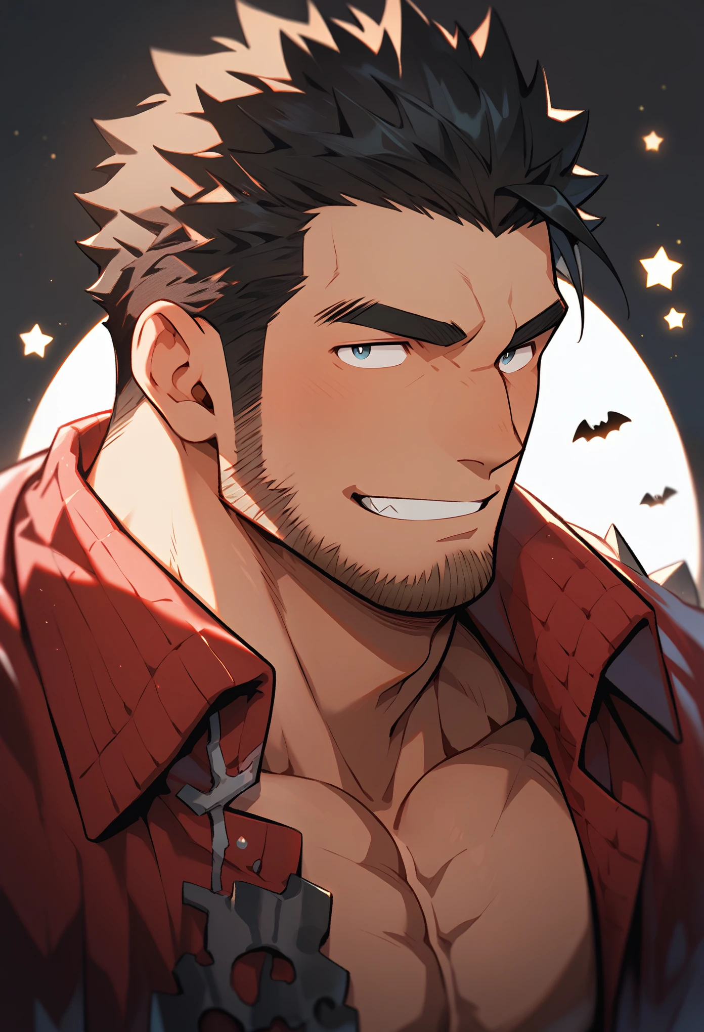 Anime character: Priapus, muscular 30-something man, masculinity, male focus, Halloween, Frankenstein cosplay, full and firm chest muscles, muscular male, muscular, messy hair, red mesh, thick eyebrows, stubble, skin showing