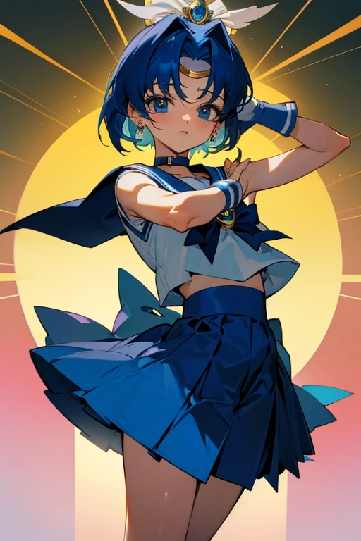 {best quality}, {very aesthetic},(bloom:1.2), ami mizuno, blue eyes, blue hair, short hair, parted bangs,

back bow, blue bow, blue choker, blue sailor collar, blue skirt, bow, choker, earrings, gloves, jewelry, magical girl, miniskirt, pleated skirt, sailor collar, sailor senshi uniform, skirt, stud earrings, tiara, sleeveless,

facing viewer,contrapposto,hands together, pray