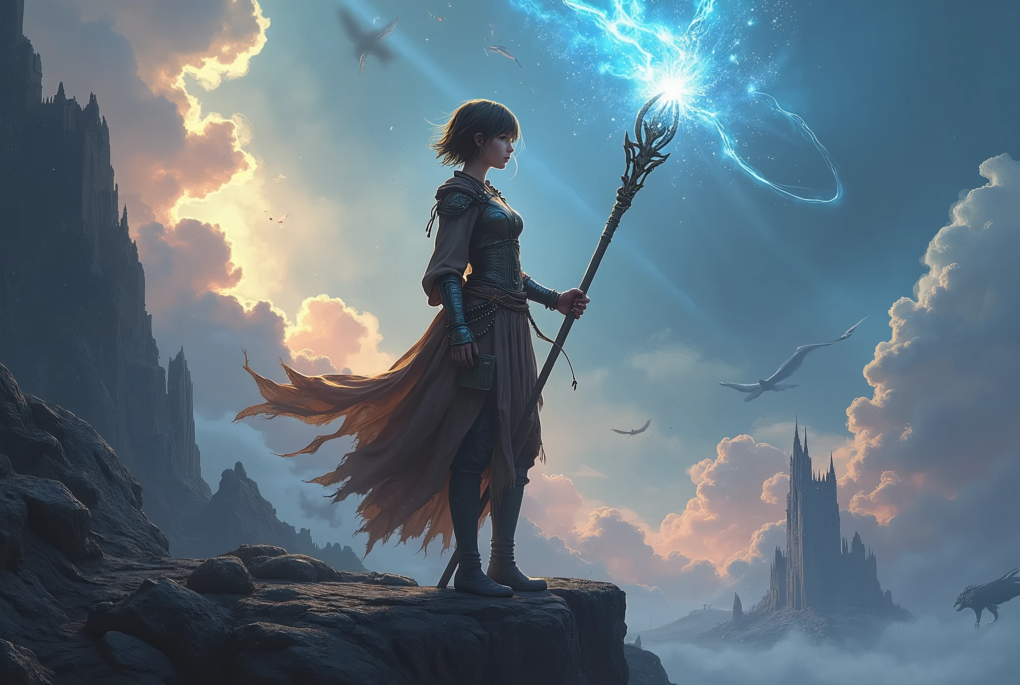 realistic cinematic illustration of a fragile yet powerful young witch sorceress standing on a cliff holding a shining staff, short messy brown hair with fringe, wearing worn and torn wizard's robes mixed with Amazon and warrior armor, determined but melancholic expression, colossal magical dragons and ruins of a destroyed kingdom behind her, swirling clouds in the sky with rays of magic illuminating the horizon, vibrant realistic shading with contrasting deep blues, purples and bright magical golds, mysterious and epic atmosphere, magic dust, glitter, ultra sparkling vapors, sense of hidden power, best quality, 4k, 8k, highres, masterpiece, ultra-detailed, realistic, photorealistic, HDR, UHD, studio lighting, ultra-fine painting, sharp focus, physically-based rendering, extreme detail description, professional, vivid colors, bokeh