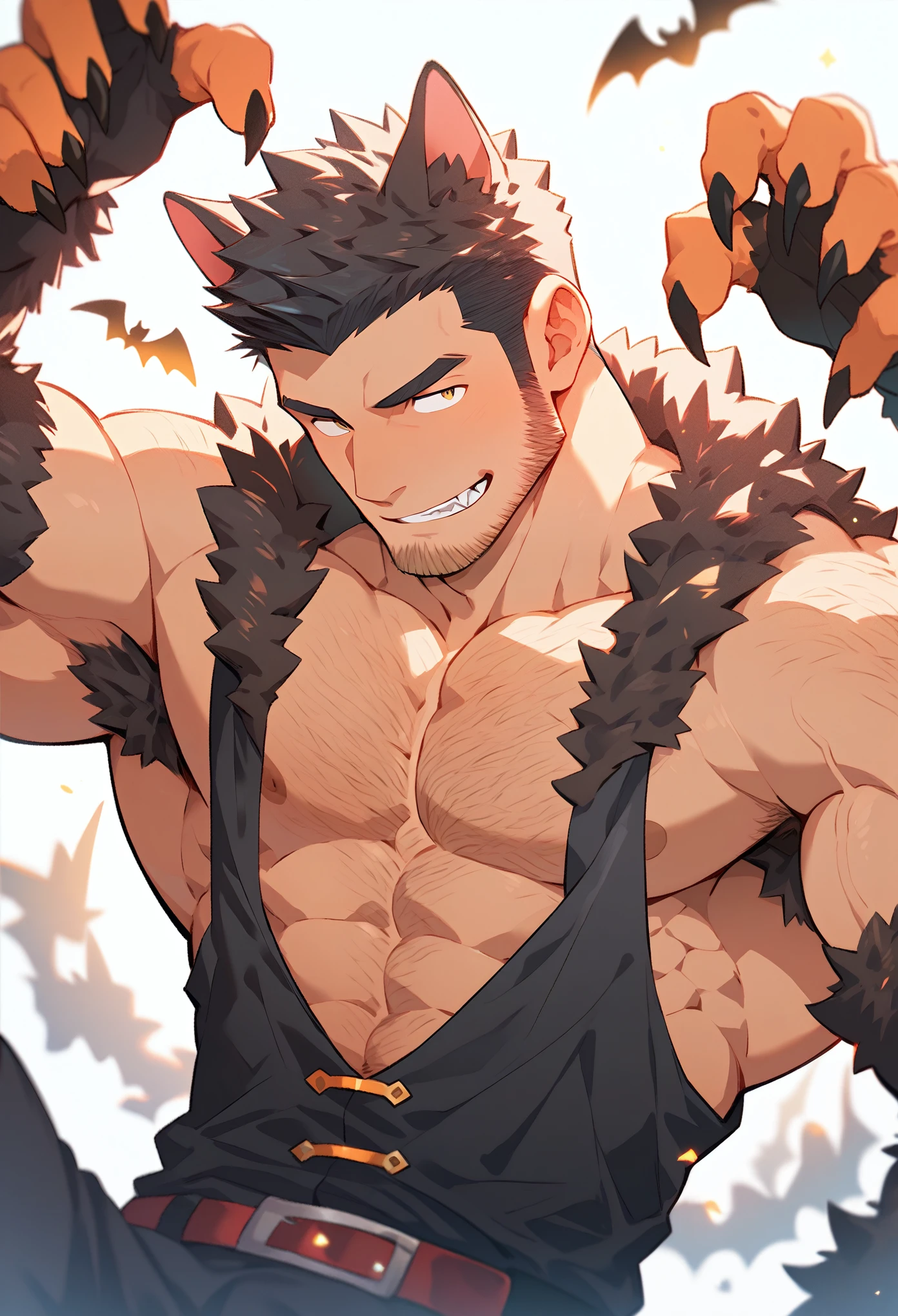 Anime character: Priapus, muscular 30-something man, masculinity, male focus, Halloween, werewolf cosplay, full and firm chest muscles, muscular male, muscular build, thick eyebrows, stubble, skin showing, hairy body, Thick armpit hair