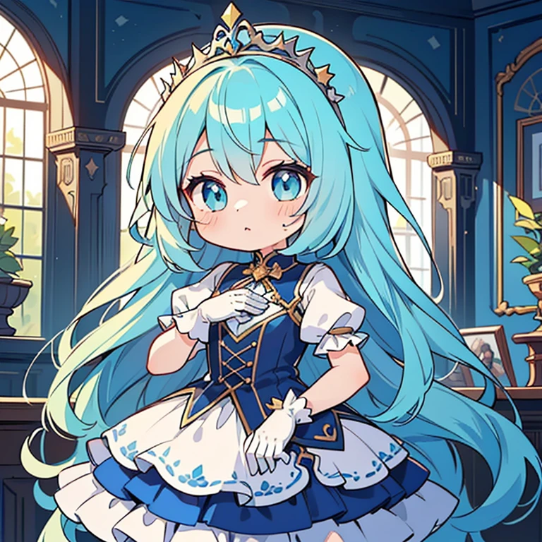 (Artwork), (Great work), (indirect lighting), (Chibi-cute studios), (Beautiful anime gifs), (cute Cute Cute), (Highly detailed 8k CG unit wallpaper), (1 girl) Wear a nice dress, Long blue hair with a cute frilly tiara, Use gloves, White skin, Green and blue eyes, (Cute Cute), Big Person , Very good, She placed her hand on his chest 