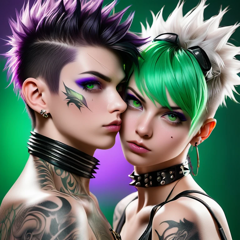 
Portrait of 2 cute Russian teenagers - a boy and a girl in the style of Alberto Seveso ,best quality, Very detailed, photorealistic, black hair on a punk boy and white hair on a punk girl, school heartthrobs ! Detailed eyes, upper body, Luxurious Punk Hair, Avant-garde punk fashion, Avant-garde makeup, multiple piercings, Gold jewelry ,Heavily tattooed body, 3D Colored Tattoos, dragon tattoo on neck , abstract background, Backlight effect, shallow depth of field, purple background" Meticulous, analog style, Focus on the eyes, of the highest quality, very detailed skin, photo of a very handsome Russian punk, perfect cute face, skin pores, penetration , green background, hips , clear focus, grainy lighting, Backlight ,high film grain, сфотографирован камерой Sony A7R IV, 18мм F/1.7 cinema lenses, very detailed, detailed development, 8 thousand., HDR, front view, upper body .