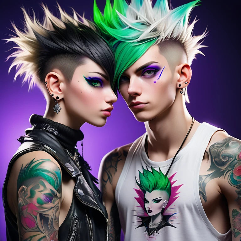 
Portrait of 2 cute Russian teenagers - a boy and a girl in the style of Alberto Seveso ,best quality, Very detailed, photorealistic, black hair on a punk boy and white hair on a punk girl, school heartthrobs ! Detailed eyes, upper body, Luxurious Punk Hair, Avant-garde punk fashion, Avant-garde makeup, multiple piercings, Gold jewelry ,Heavily tattooed body, 3D Colored Tattoos, dragon tattoo on neck , abstract background, Backlight effect, shallow depth of field, purple background" Meticulous, analog style, Focus on the eyes, of the highest quality, very detailed skin, photo of a very handsome Russian punk, perfect cute face, skin pores, penetration , green background, hips , clear focus, grainy lighting, Backlight ,high film grain, сфотографирован камерой Sony A7R IV, 18мм F/1.7 cinema lenses, very detailed, detailed development, 8 thousand., HDR, front view, upper body .