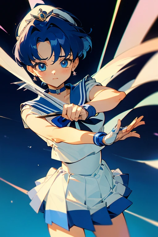 {best quality}, {very aesthetic}, ami mizuno, blue eyes, blue hair, short hair, parted bangs,back bow, blue bow, blue choker, blue sailor collar, blue skirt, bow, choker, earrings, gloves, jewelry, magical girl, miniskirt, pleated skirt, sailor collar, sailor senshi uniform, skirt, stud earrings, tiara, sleeveless,

Beaming,contrapposto,hands together, pray
