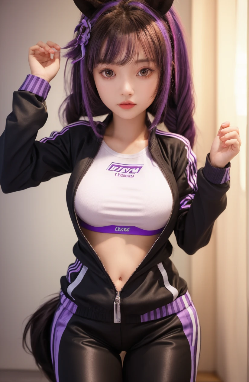 20 year old anime woman, purple hair, purple eyes, thin waist, outfit is tight and shows off her physique. Thigh gap, perfect ass, round ass, athletic physique. (4k) (High definition) (Ultra high resol)