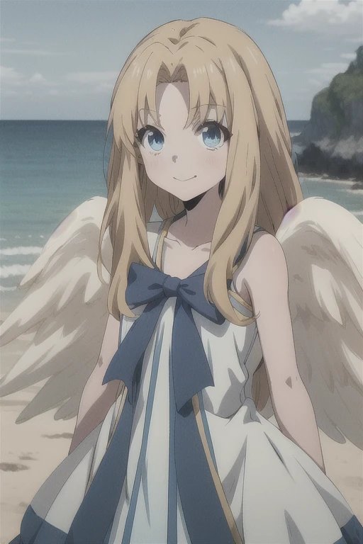 OK, Anime style girl, Upper body one girl, Alone, happy, White Wings, Height Dress, Blue ribbon, Long Hair, blue eyes, Parted bangs looking at the viewer, Lean forward with your arms behind your back, Bare shoulders, Delicate and sexy collarbone, Beach, Best Quality, High resolution.