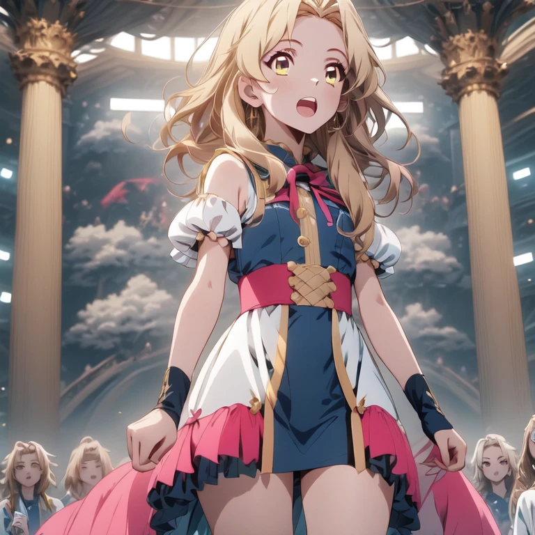 (Red ribbon for hair:1.2),Aikatsu,1 Girl,Senki Zesshou Symphogear Style , Blonde long hair, Cat hair, ,Black and pink battle suit,break,Ultra Definition, High resolution, Super detailed CG,Caustics, Live Stage, Singing on the giant screen in front, Stand microphone ,