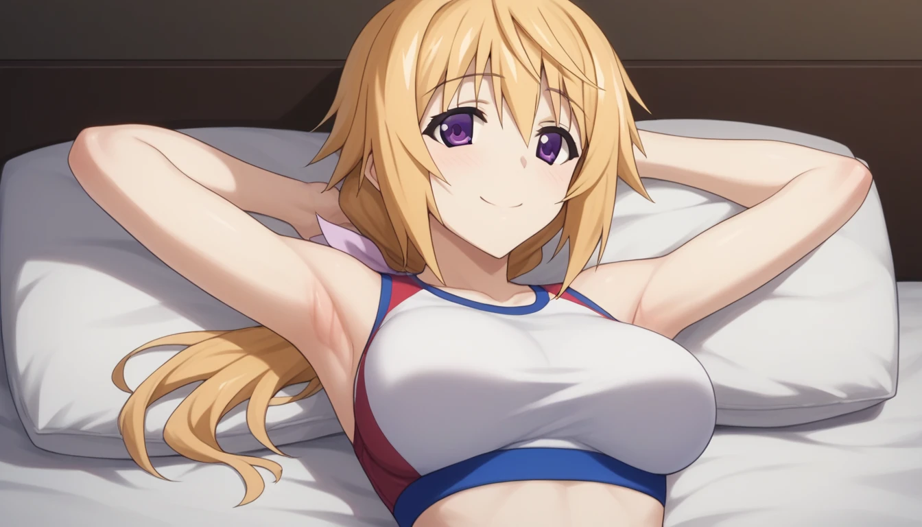 Score_9, Score_8_Superior, Score_7_Superior, sauce_anime,
Charlotte Denoy, Charlotte Dunois, Long Hair, blonde, Ribbon Purple Eye, ponytail, Hair Ribbon ,(Fits your body,Sportswear,Sleeveless),View your audience, Alone,whole body,Large Breasts,Anatomically correct, Captivating smile, In bed,One Girl, 8k,Show your armpits,sexy