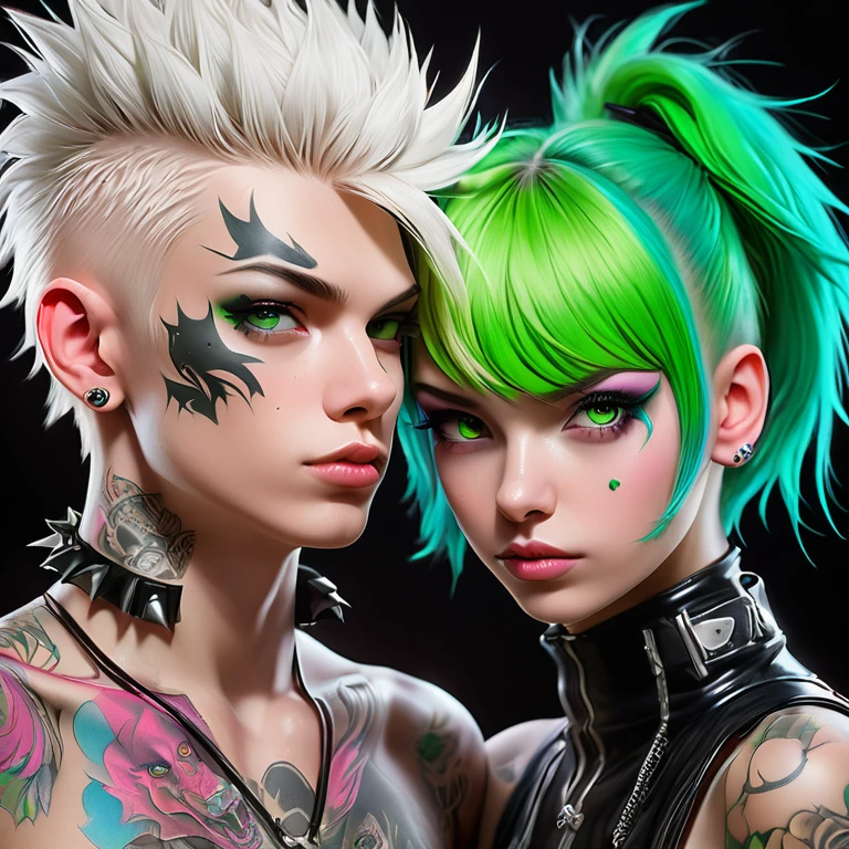 
Portrait of 2 cute Russian teenagers - a boy and a girl in the style of Alberto Seveso ,best quality, Very detailed, photorealistic, black hair on a punk boy and white hair on a punk girl, school heartthrobs ! Detailed eyes, upper body, naked torso, Luxurious Punk Hair, Avant-garde punk fashion, Avant-garde makeup, multiple piercings, Gold jewelry ,Heavily tattooed body, 3D Colored Tattoos, dragon tattoo on neck , abstract background, Backlight effect, shallow depth of field, black background" Meticulous, analog style, Focus on the eyes, of the highest quality, very detailed skin, photo of a very handsome Russian punk, perfect cute face, skin pores, penetration , green background, hips , clear focus, grainy lighting, Backlight ,high film grain, сфотографирован камерой Sony A7R IV, 18мм F/1.7 cinema lenses, very detailed, detailed development, 8 thousand., HDR, front view, upper body .