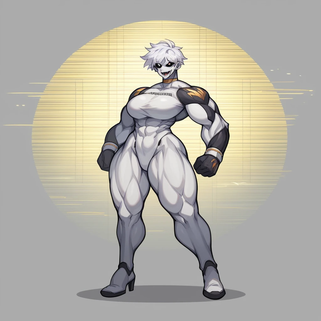 ((masterpiece)),((anime)), 1girl, solo, white short silver hair, white eyes, black sclera, white iris, pale white skin, engraved circuitry marks, fangs, athletic muscular frame, big breasts, big hips, big ass, muscly thighs, dressed in a white jail bodysuit, standing with a fashion pose, white facility, full body shot, body shrouded lightly in white flame aura, black lightning crackling wildly{high quality}}, {{8K clarity}}, {{no grain}}
