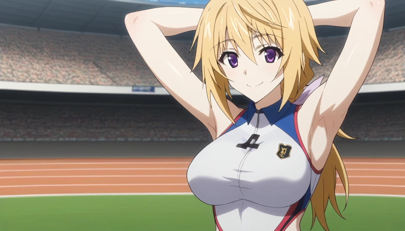 Score_9, Score_8_Superior, Score_7_Superior, sauce_anime,
Charlotte Denoy, Charlotte Dunois, Long Hair, blonde, Ribbon Purple Eye, ponytail, Hair Ribbon ,(Fits your body,Sportswear,Sleeveless),View your audience, Alone,whole body,Large Breasts,Anatomically correct, Captivating smile, Athletics Stadium,One Girl, 8k,Show your armpits,