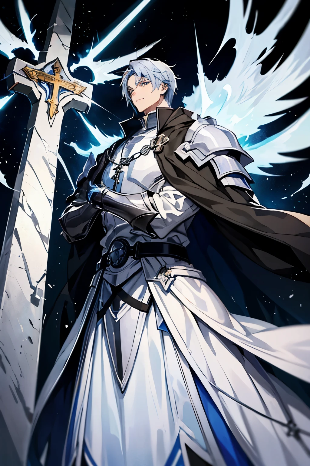 The 30-year-old priest has short, messy silver-blue hair and eyes of the same color. He is a tall, muscular man, wearing a Holy Knight's robe with a cross on his chest, wearing a golden crucifix necklace, looking straight ahead at the viewer, white background.